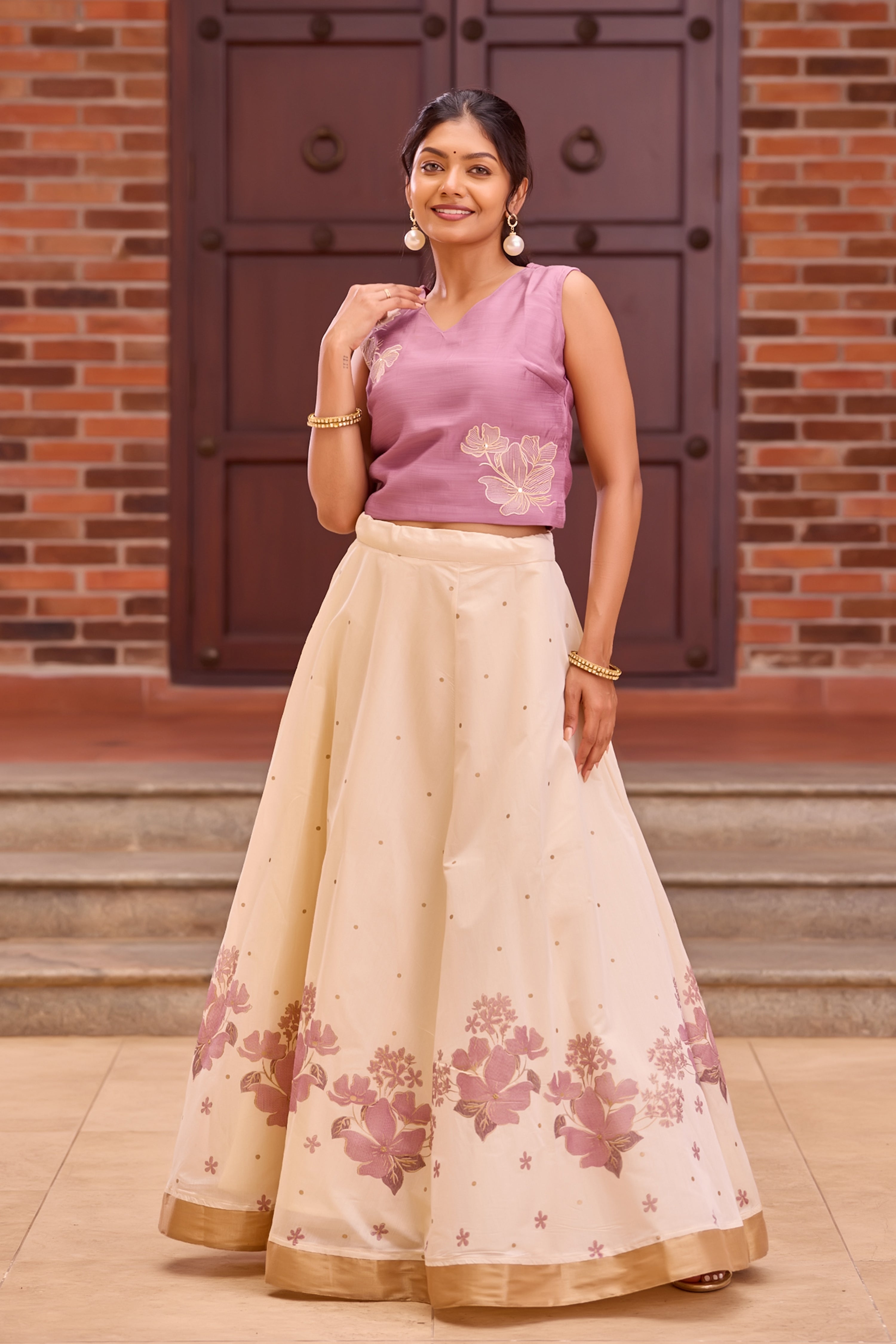 Lavender Embroidered Crop Top Off-White Chanderi Kasavu Skirt Set