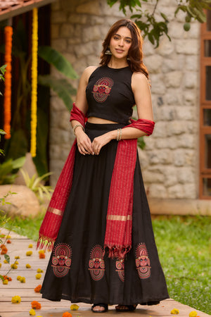 Black Kathakali Embroidered Crop Top & Skirt Set with Dupatta