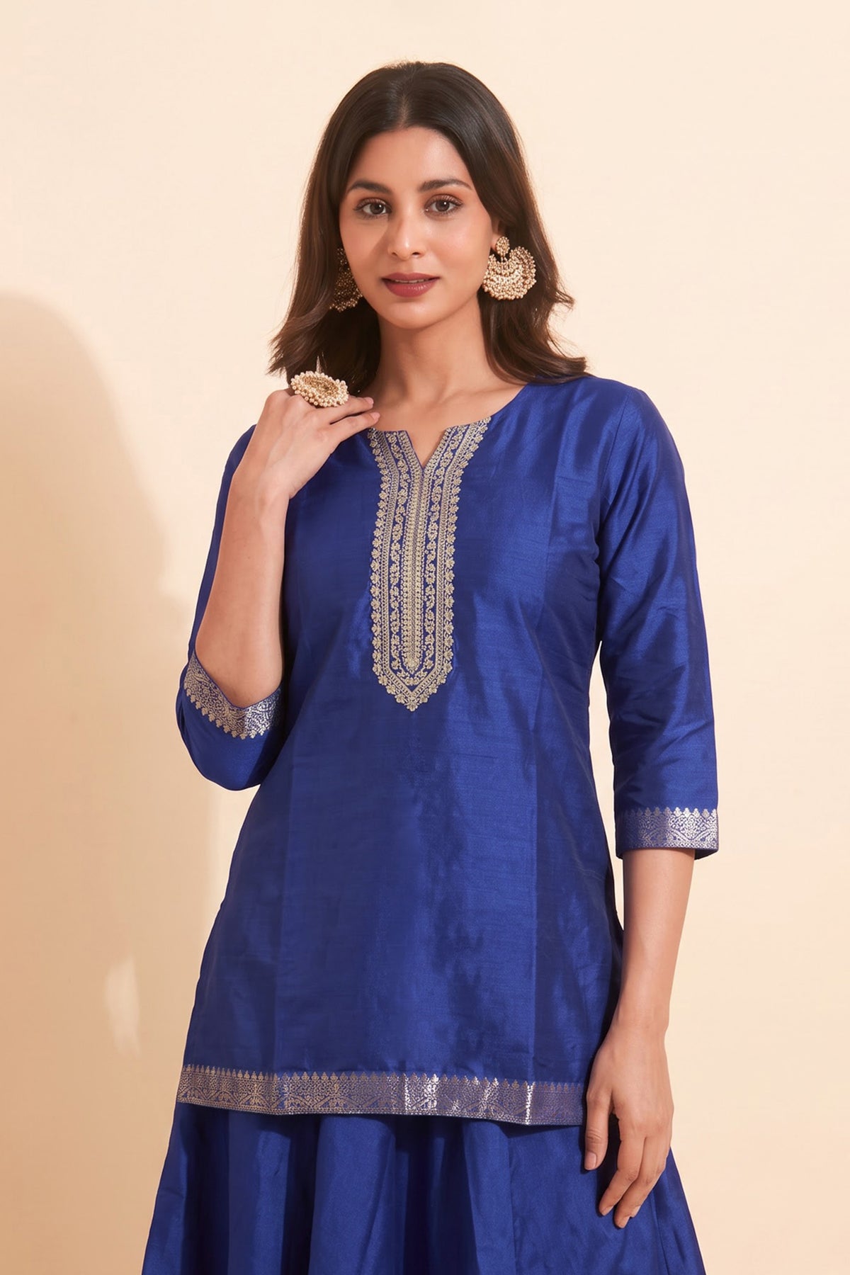 Royal Blue Embroidered Top With Royal Blue Solid Divided Skirt Set