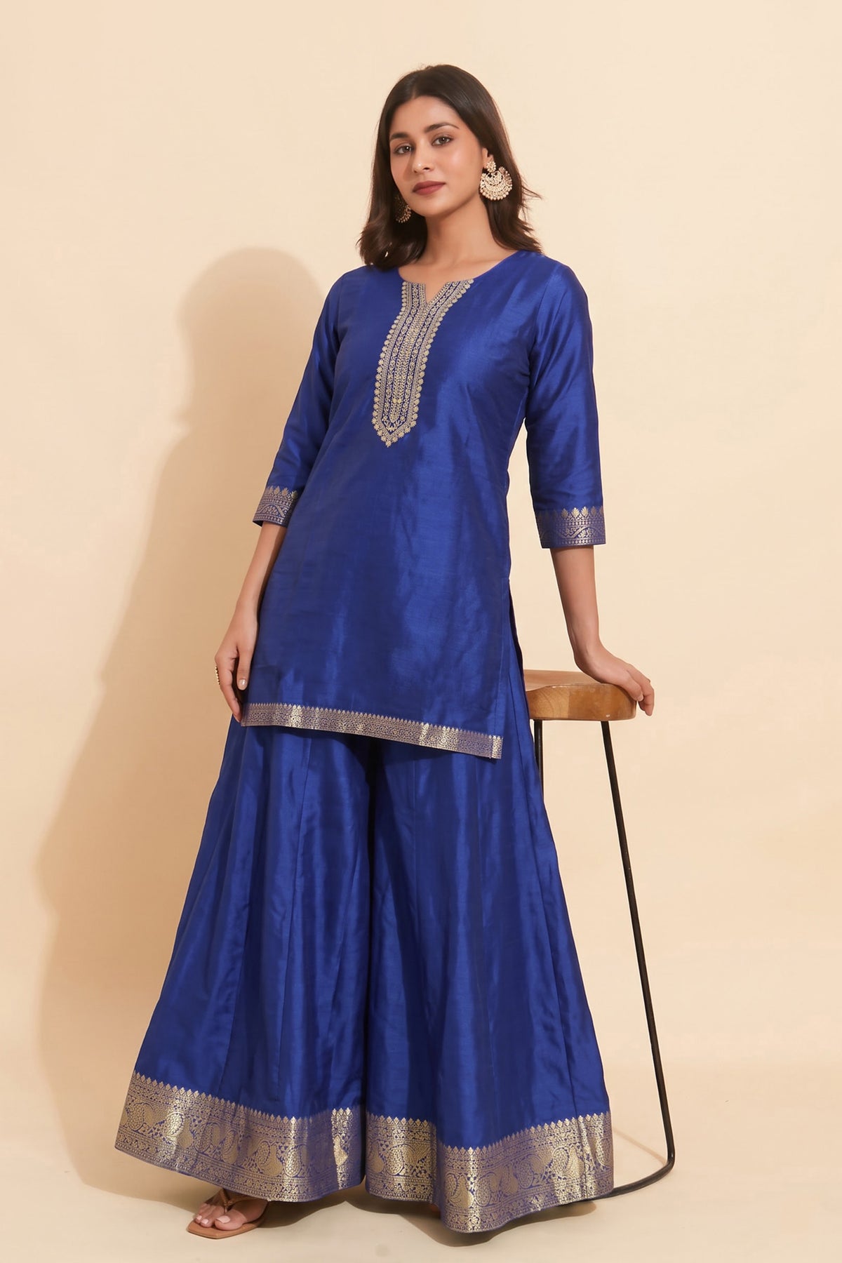 Royal Blue Embroidered Top With Royal Blue Solid Divided Skirt Set