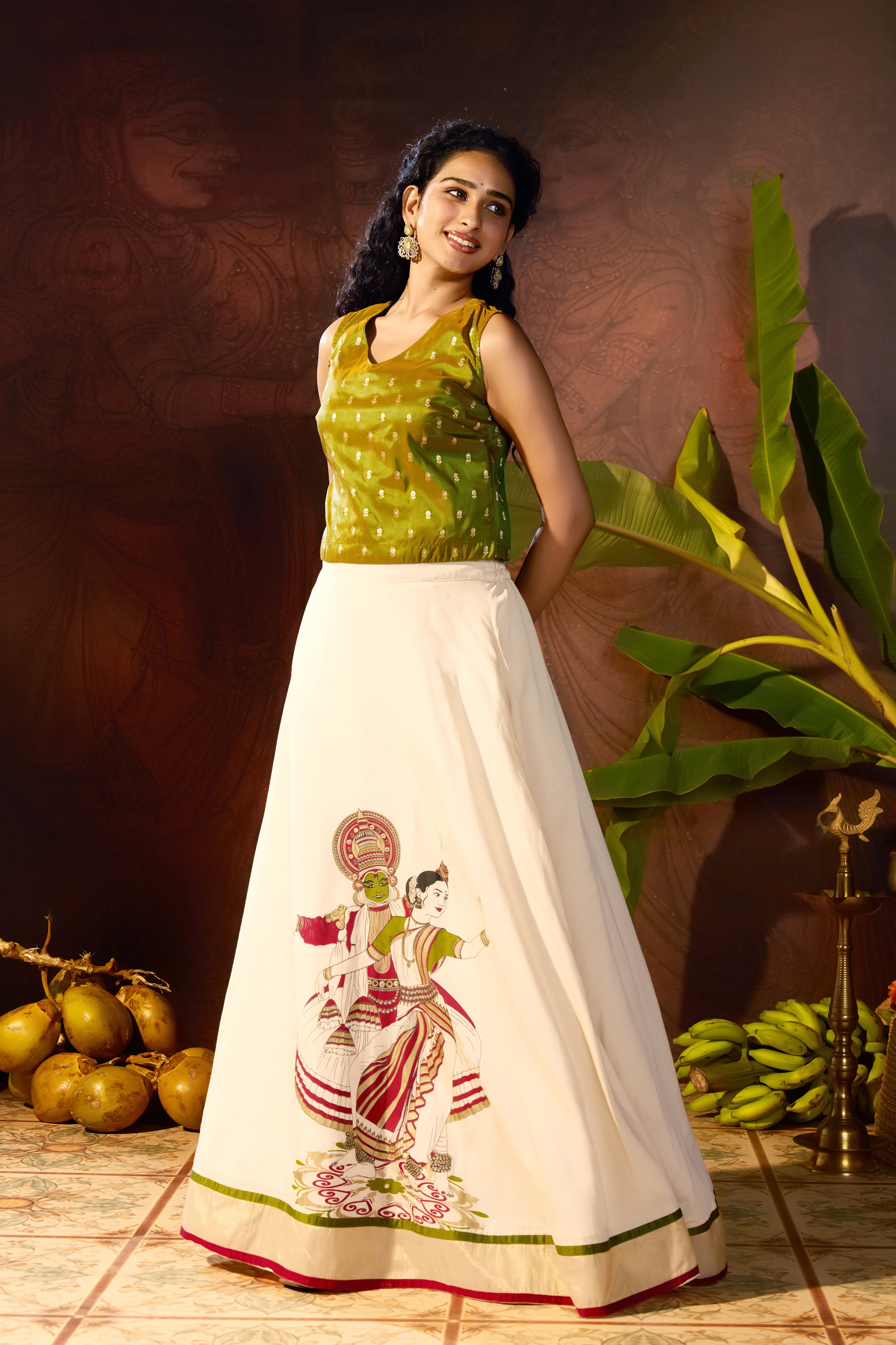 Green Brocade Crop Top & Kathakali Printed Skirt Set