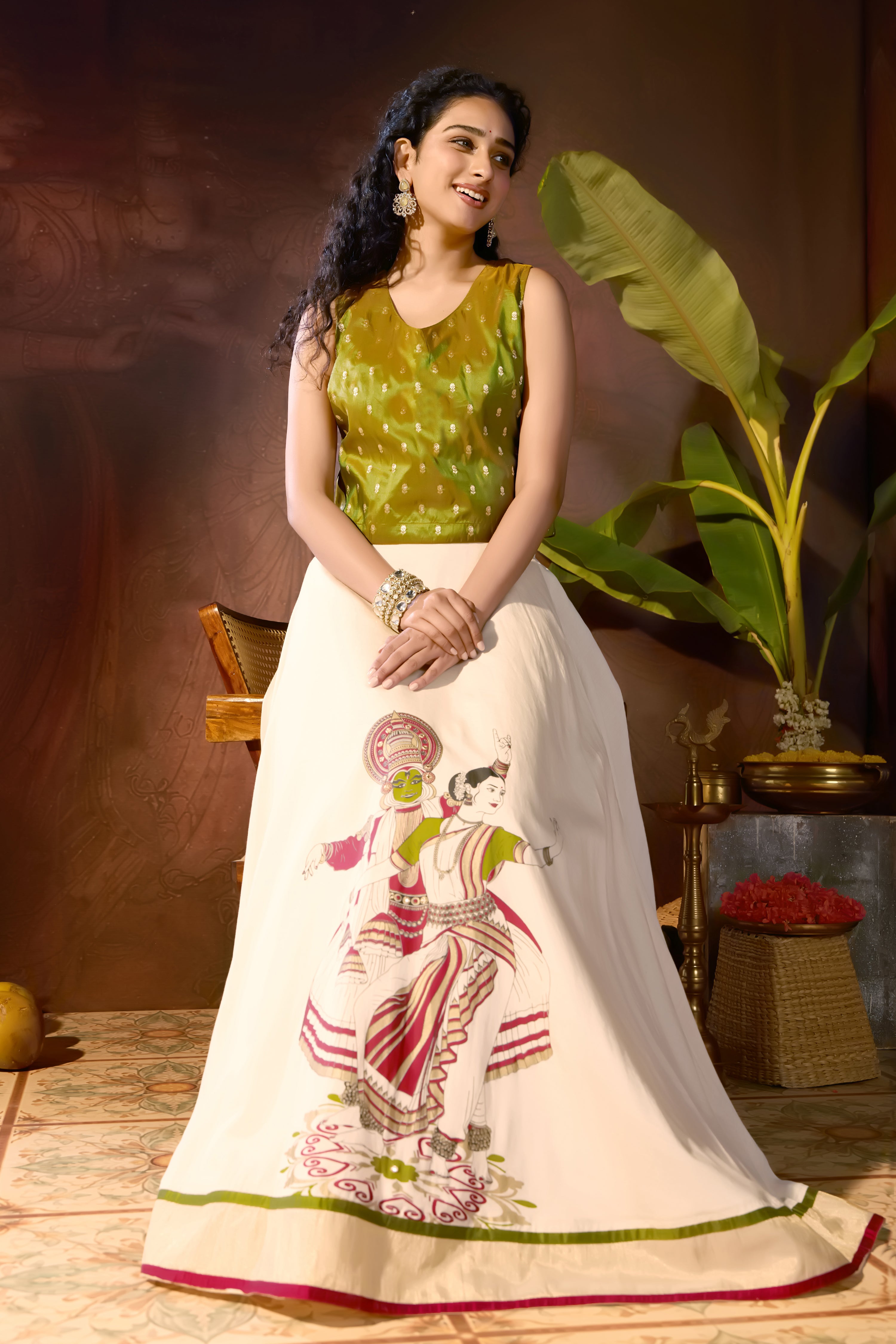 Green Brocade Crop Top & Kathakali Printed Skirt Set