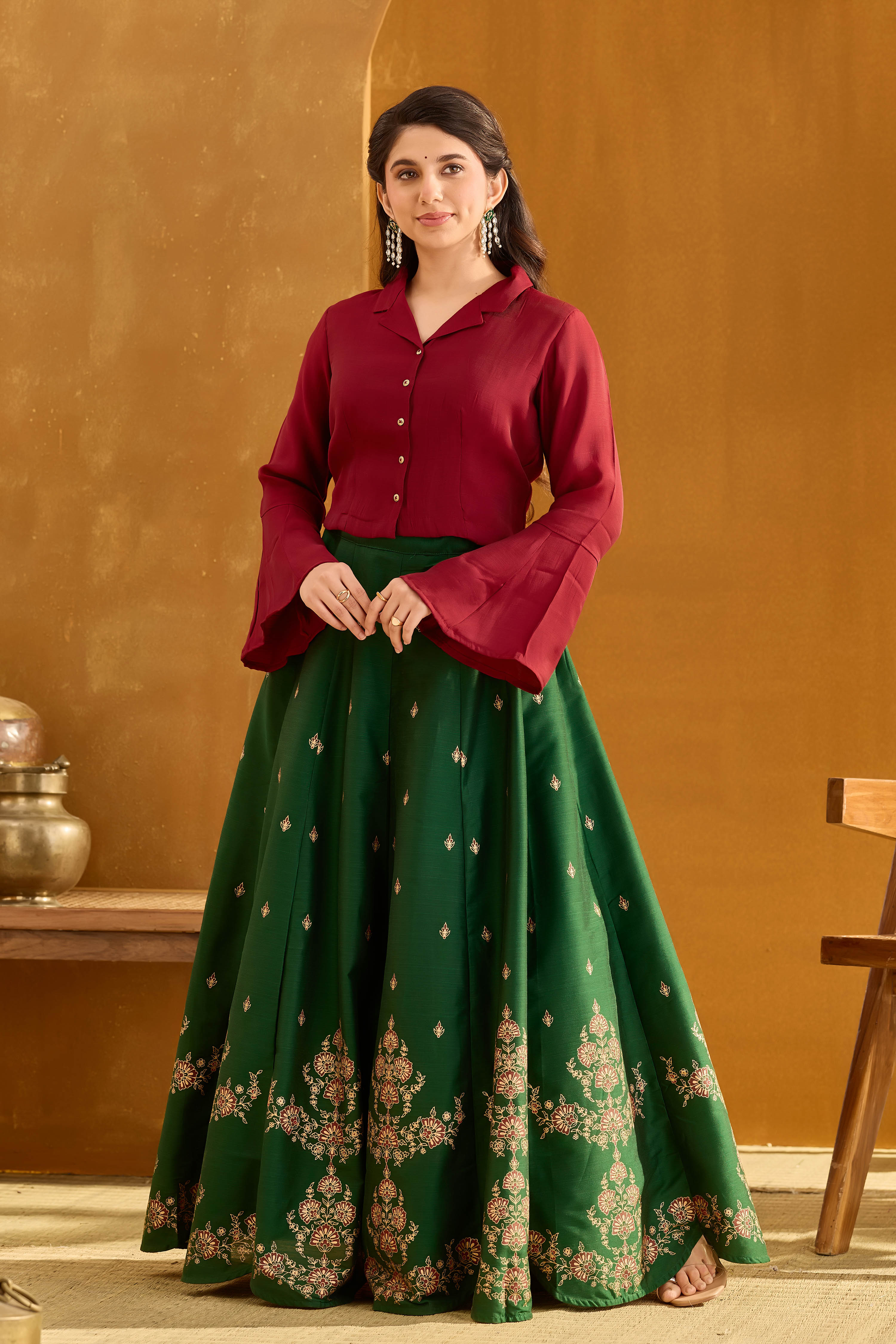 Maroon & Green Scallop Skirt Set