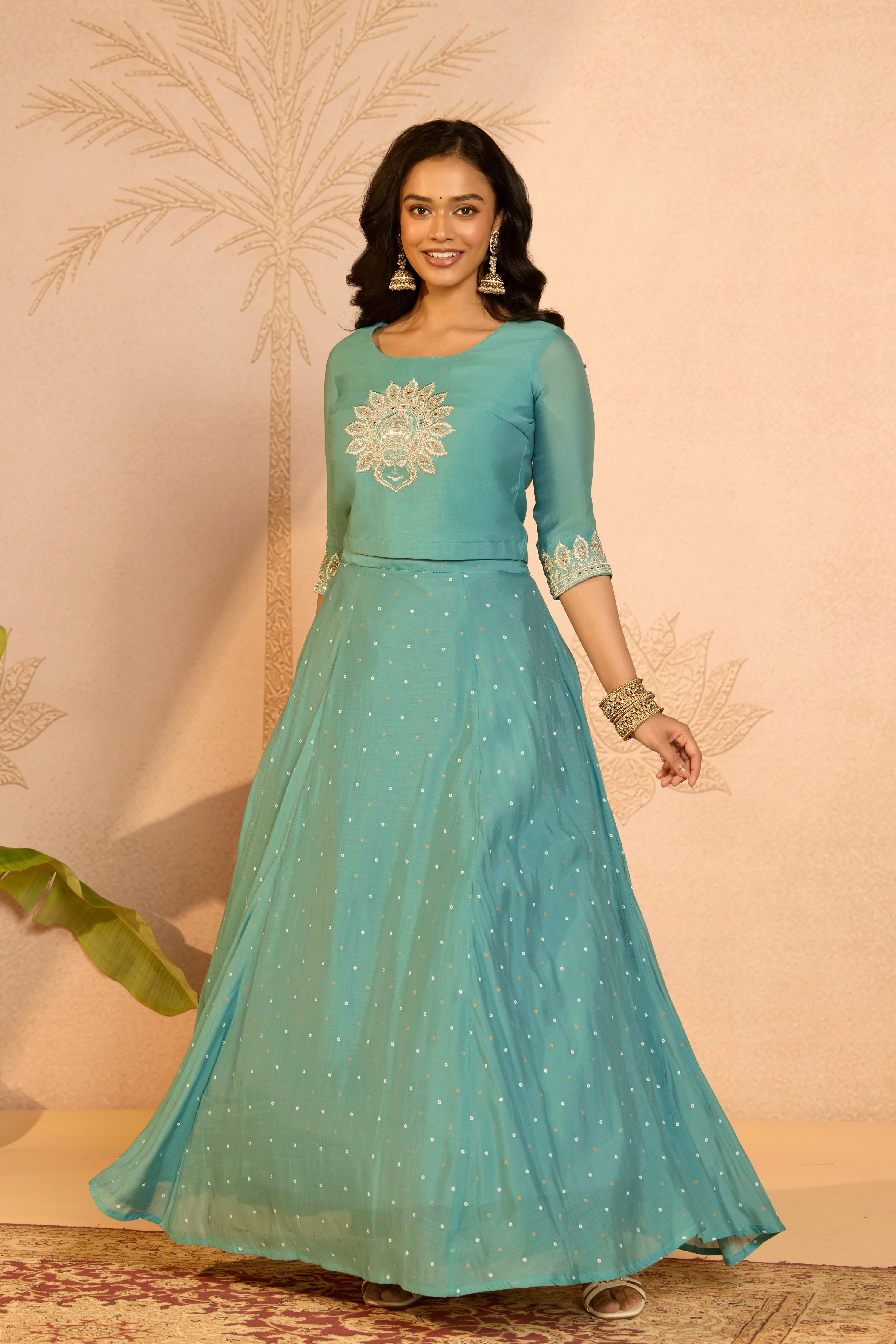 Light Teal Kathakali Embroidered Skirt Set