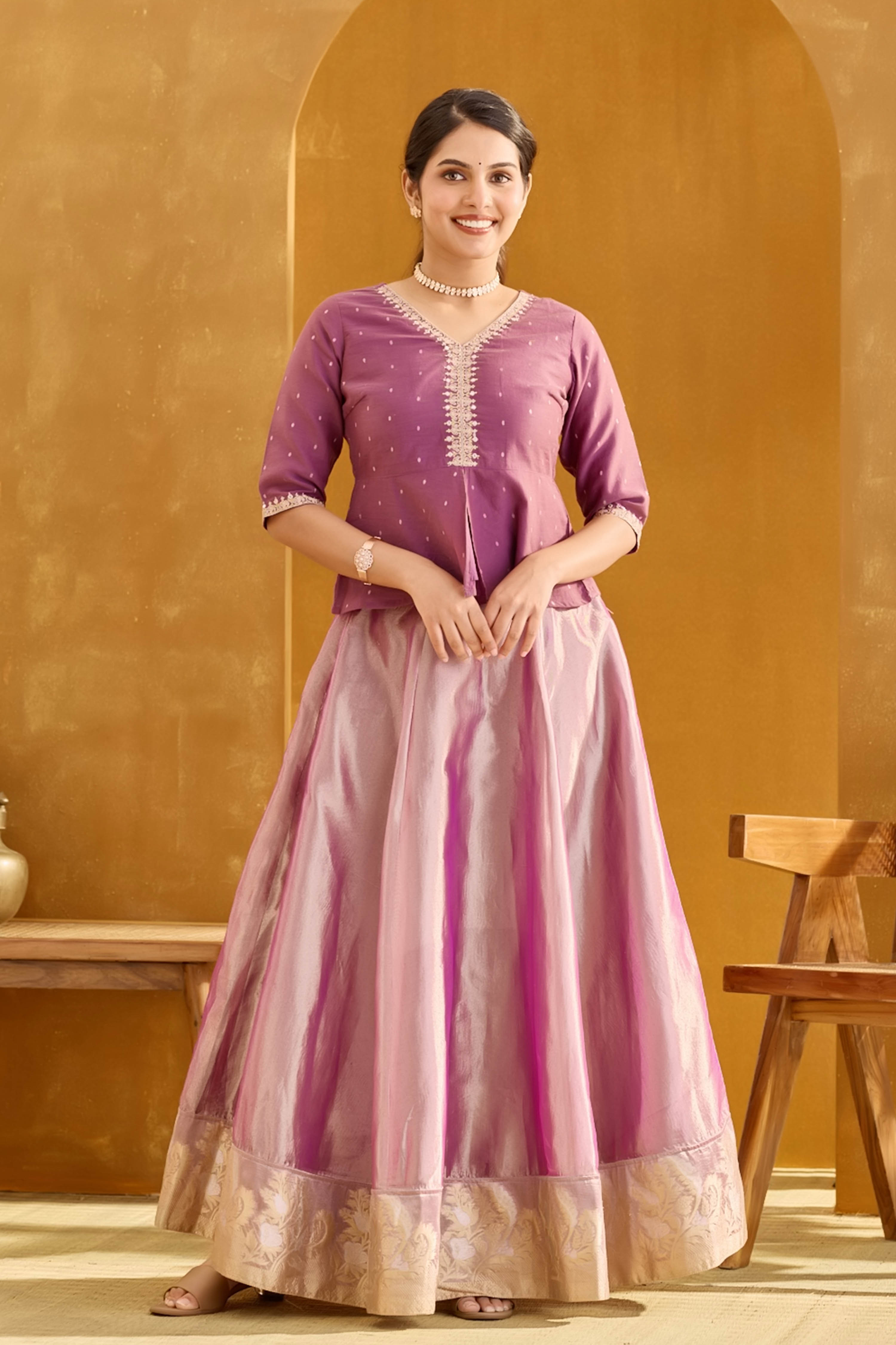 Mauve Peplum Crop Top with Shimmery Embellished Skirt Set