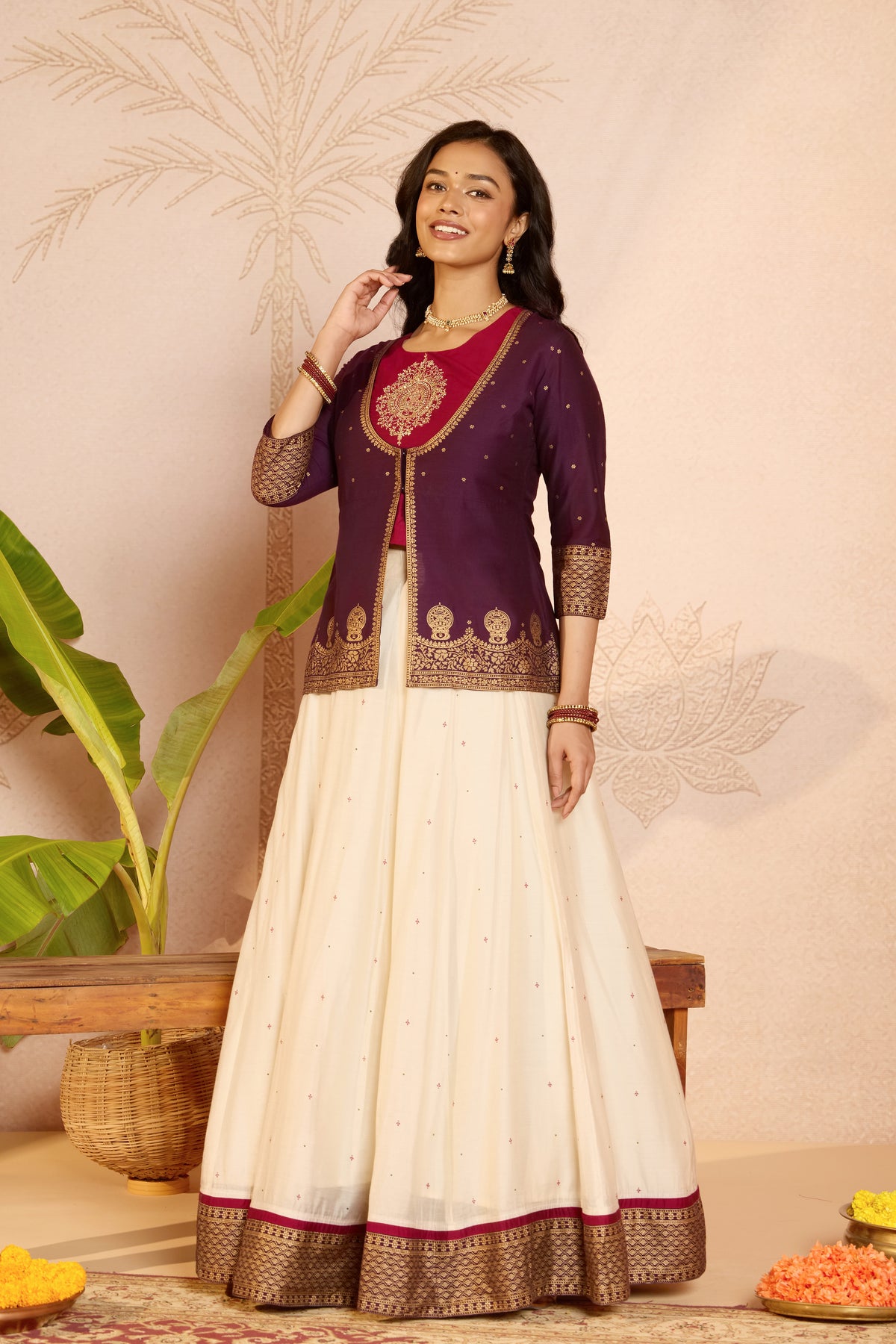 Magenta Kathakali Embroidered Crop Top & Skirt Set with Purple Overcoat