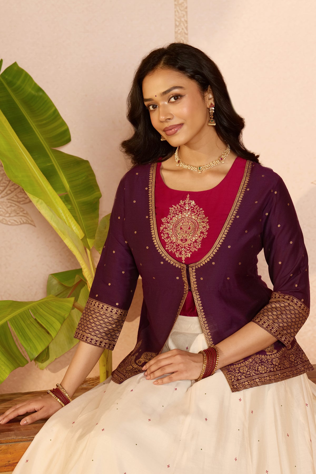 Magenta Kathakali Embroidered Crop Top & Skirt Set with Purple Overcoat