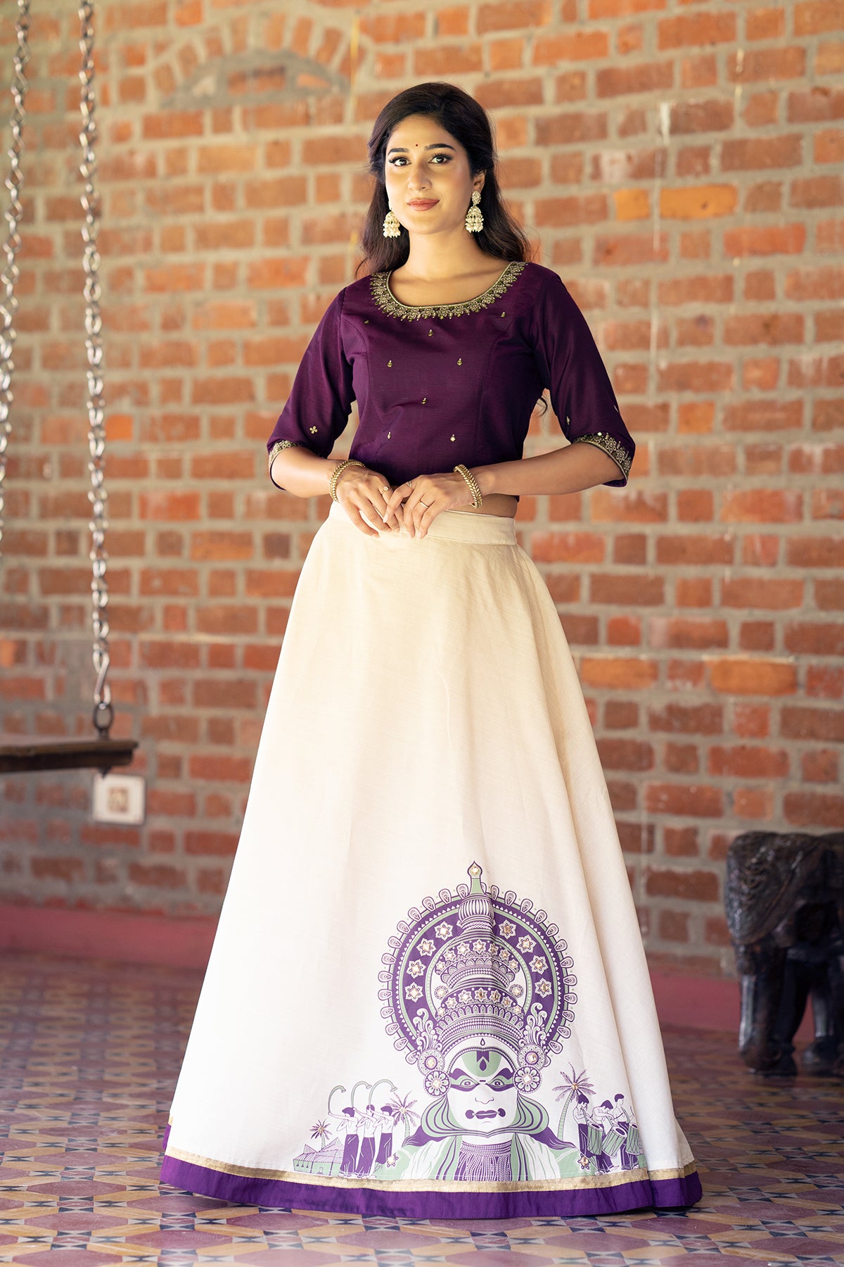 Buy Kathakali Printed Skirt Set Burgundy Off-White Online