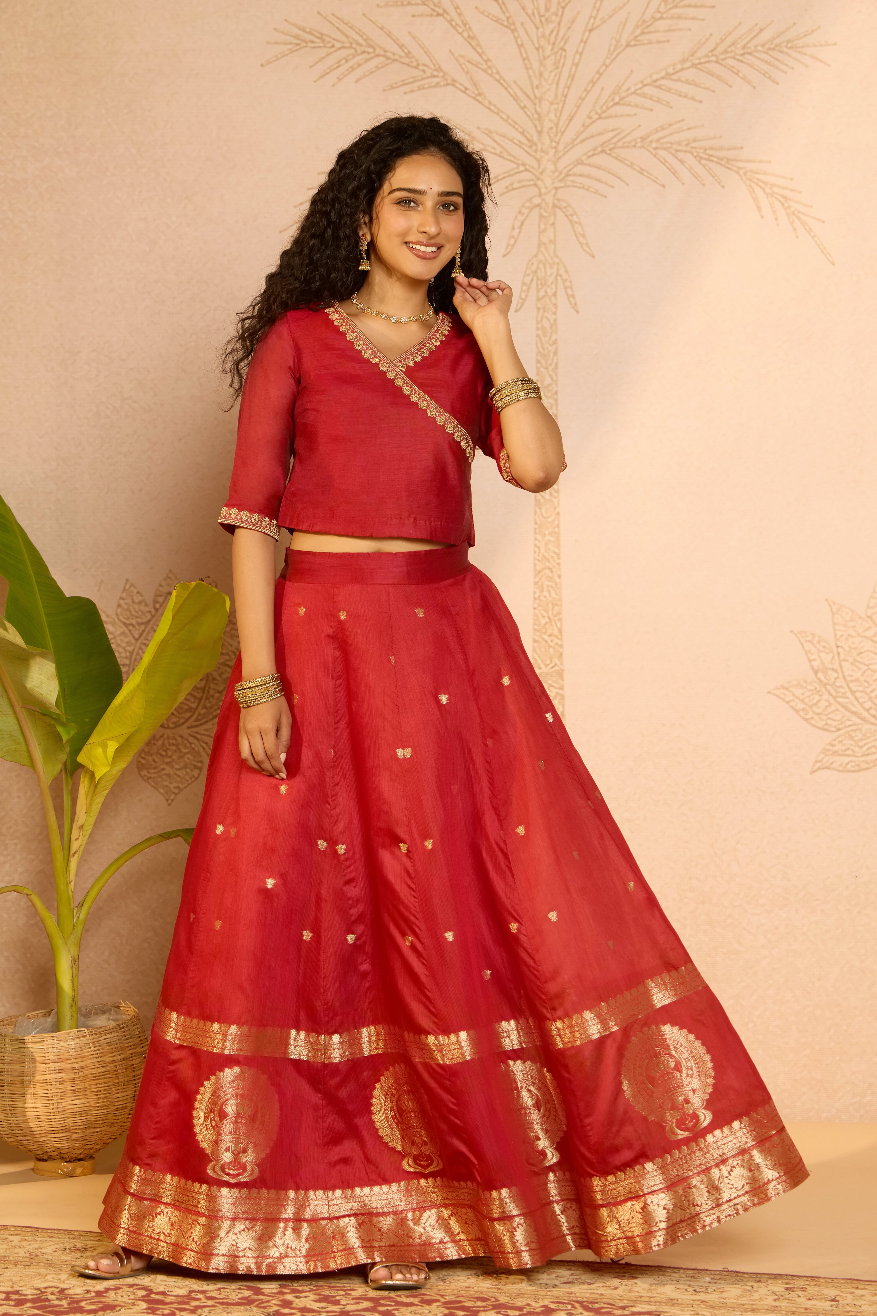 Woven Kathakali Skirtset with Embroidered Crop Top