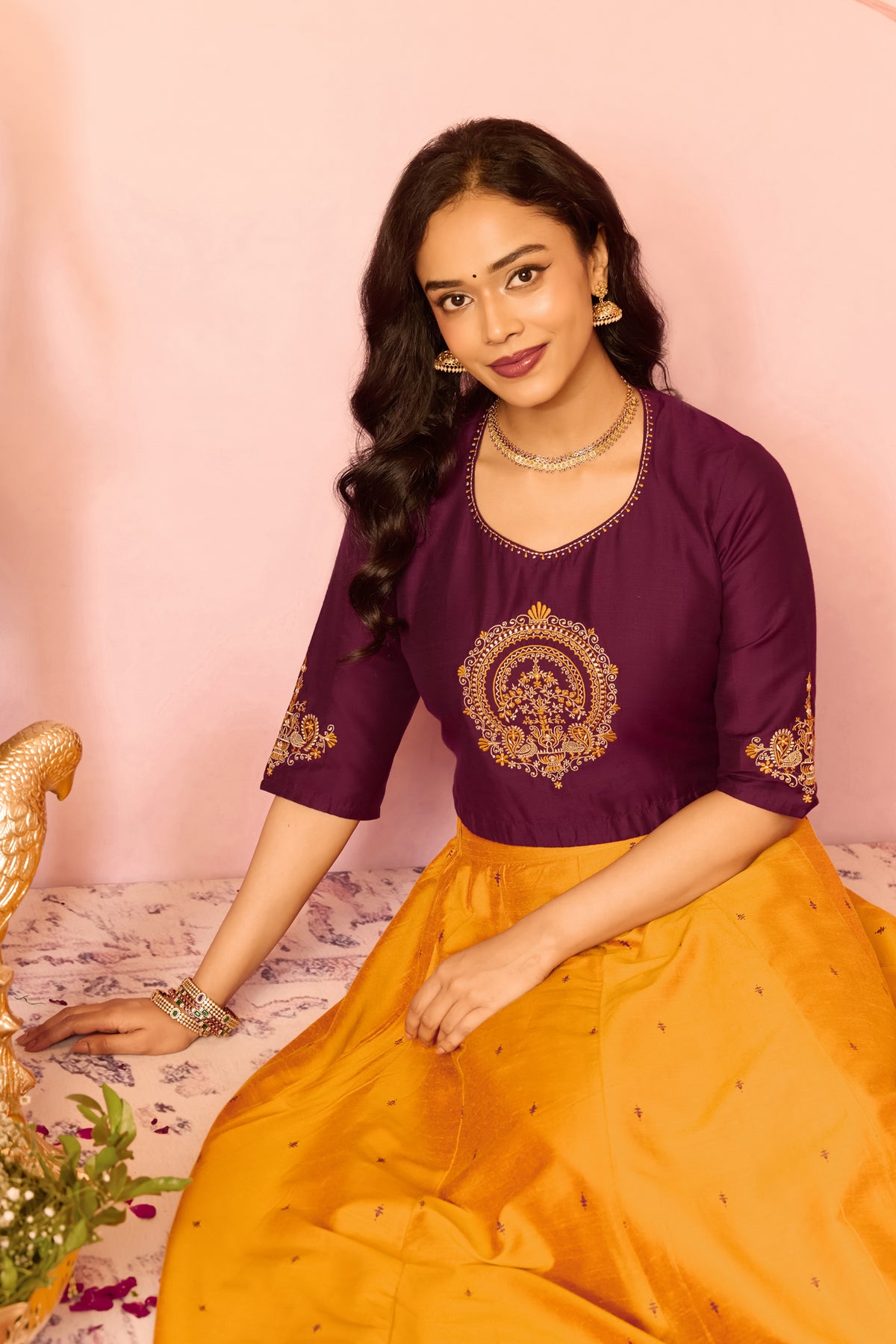 Burgundy Peacock Embroidered Crop Top With Mustard Solid Skirt Set