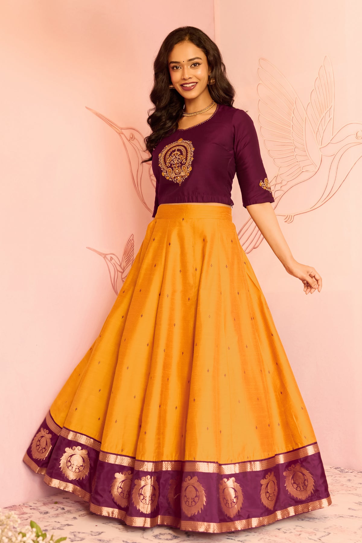 Burgundy Peacock Embroidered Crop Top With Mustard Solid Skirt Set