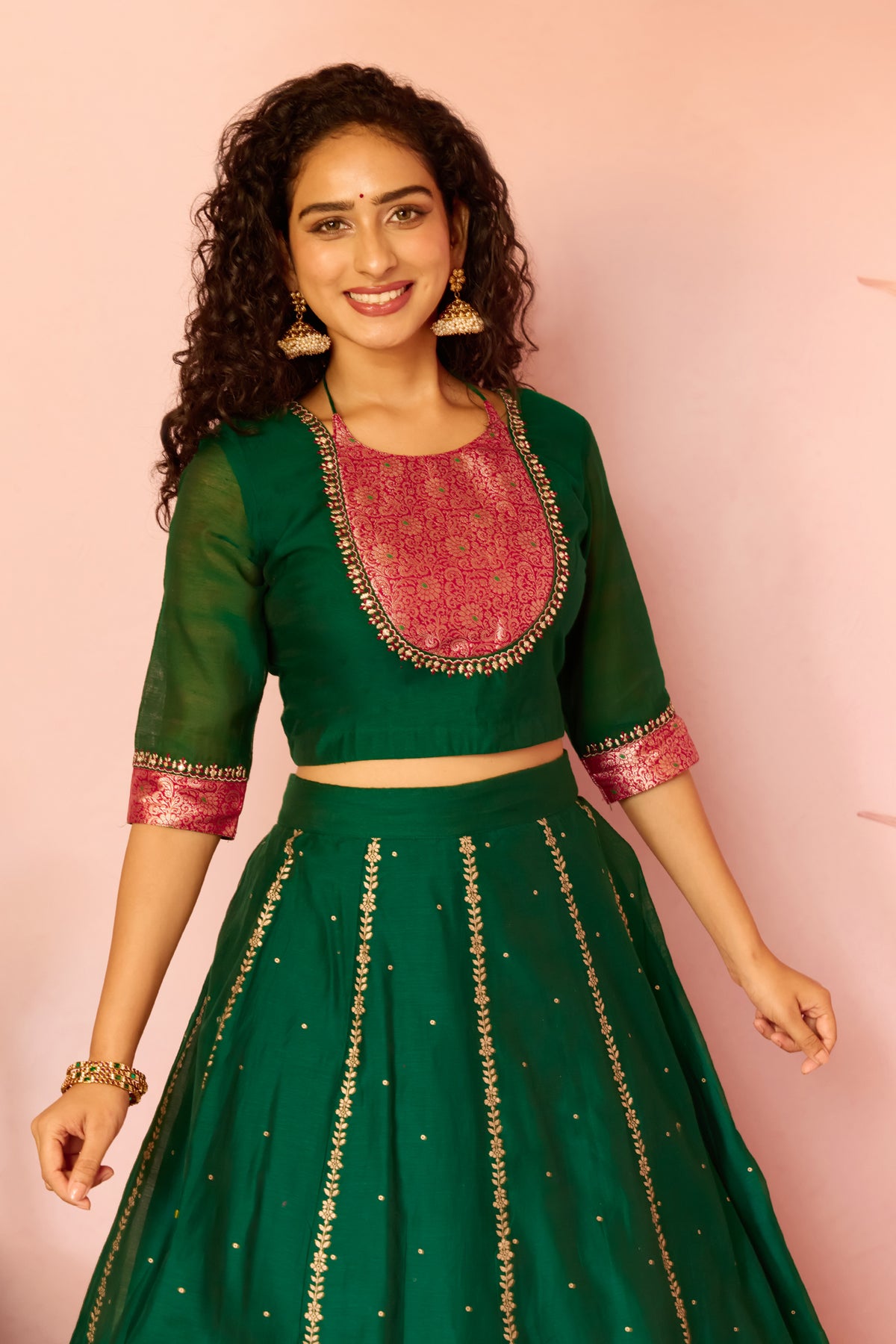 Green Floral Embroidered Top With Green Floral Panelled Skirt Set