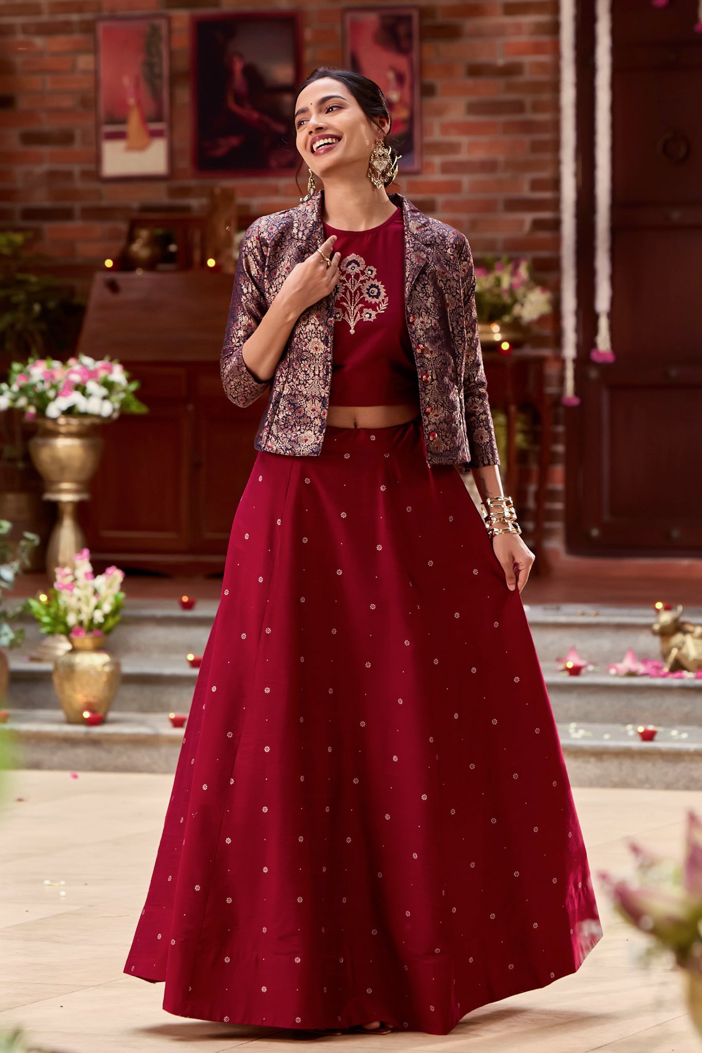 Maroon Foil Mirror Embroidered Crop Top Golden Print Skirt Set with