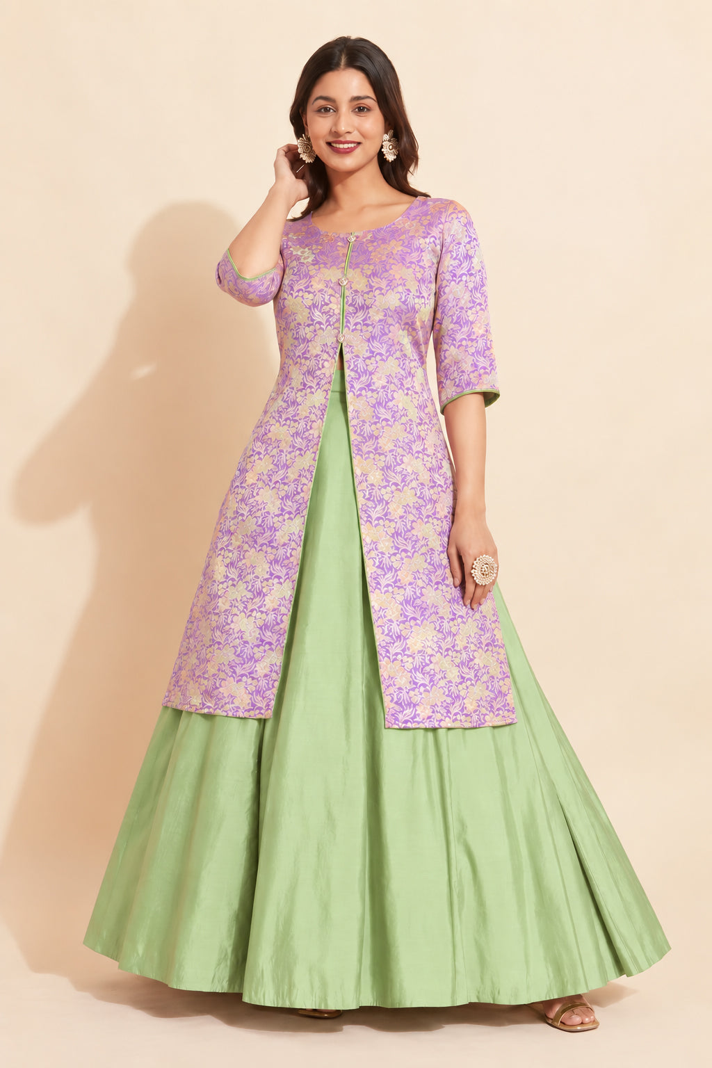 Lavender Floral Brocade Tunic With Green Circular Skirt Set