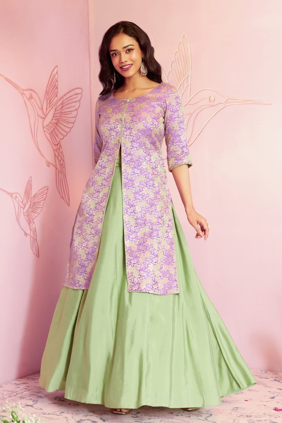 Lavender Floral Brocade Tunic With Green Circular Skirt Set