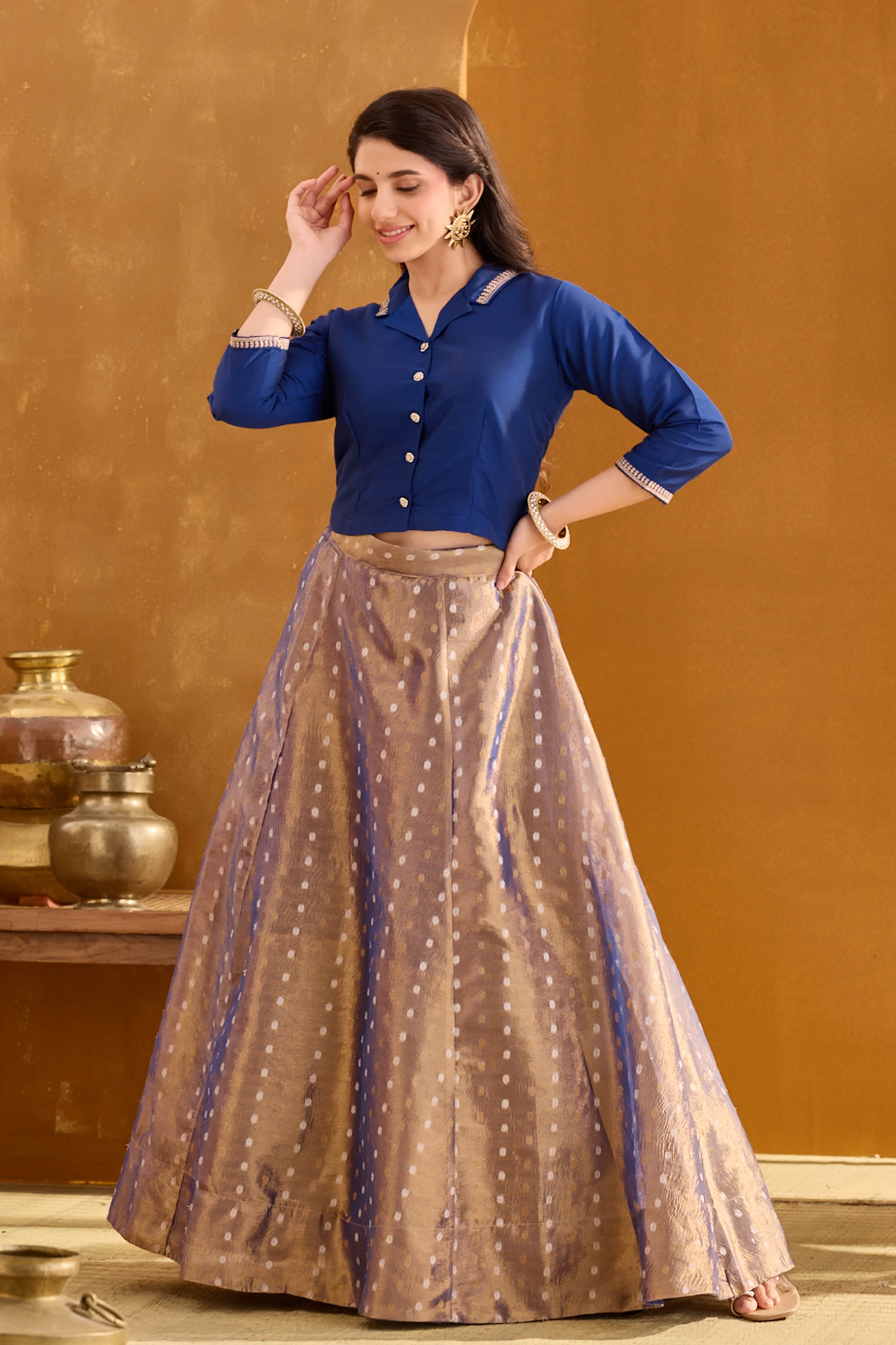 Royal Blue Top Golden Shimmery Skirt with Brocade Work – Maybell