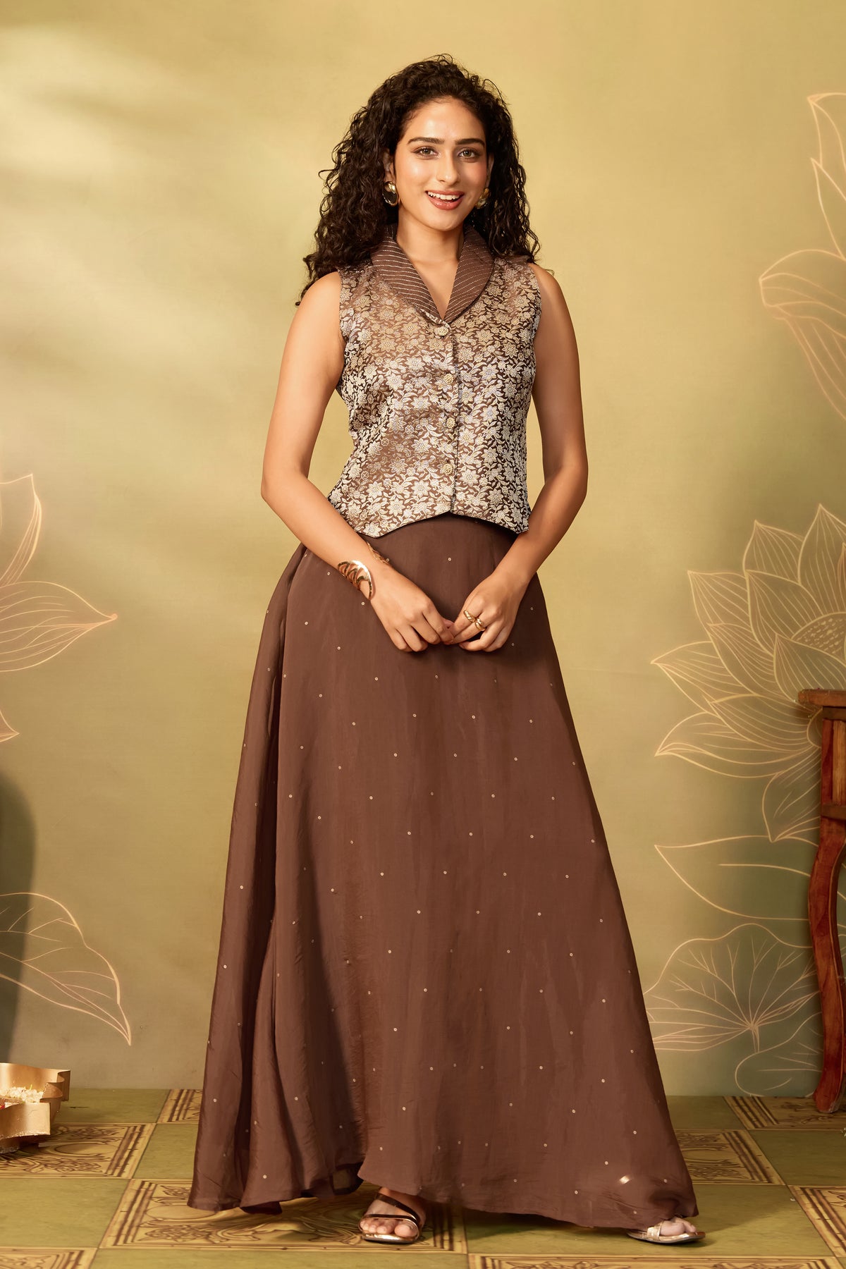 Brown Floral Brocade Waistcoat With Circular Skirt Set