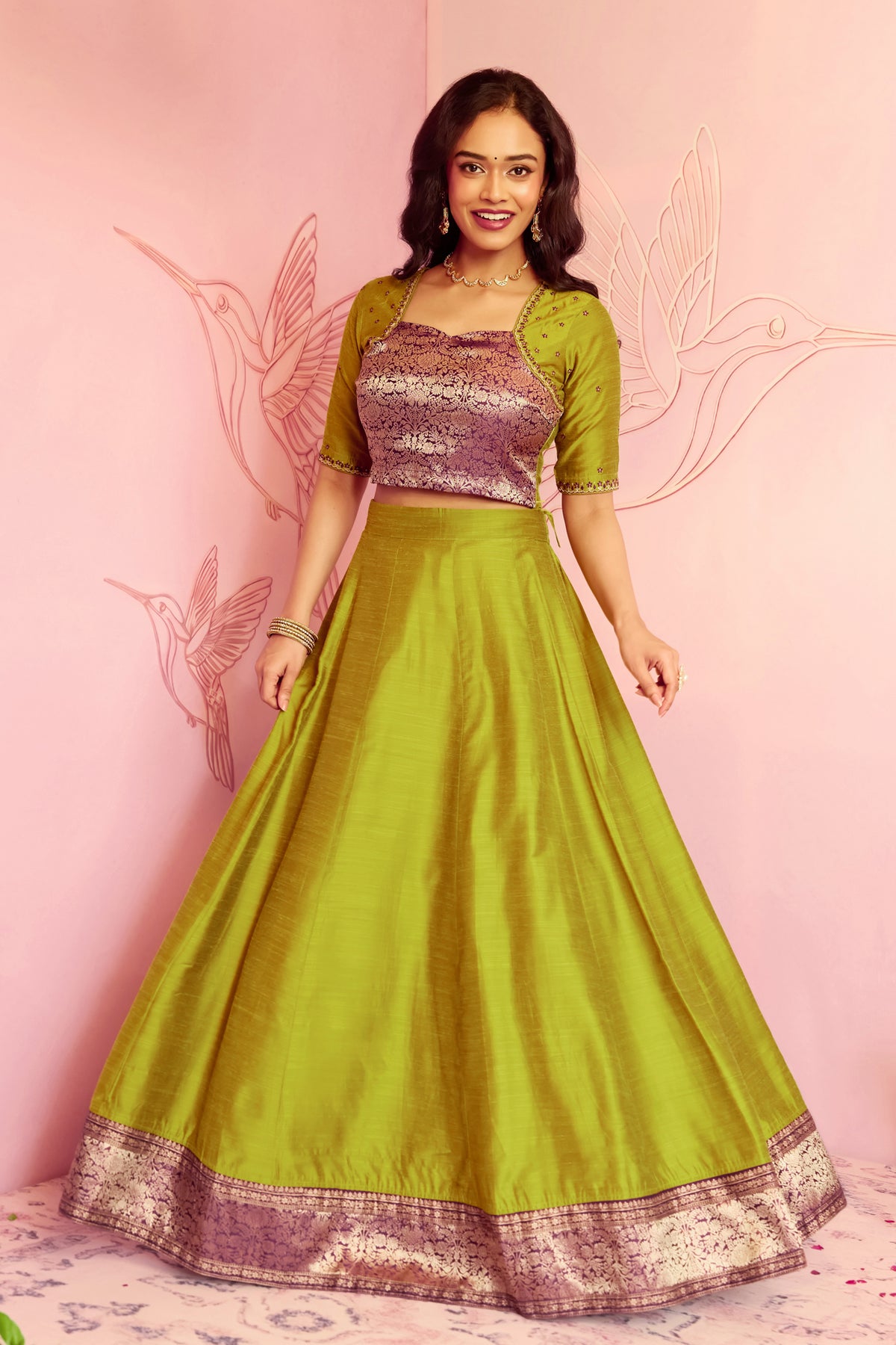 Green and Purple Floral Top With Green Solid Panelled Skirt Set