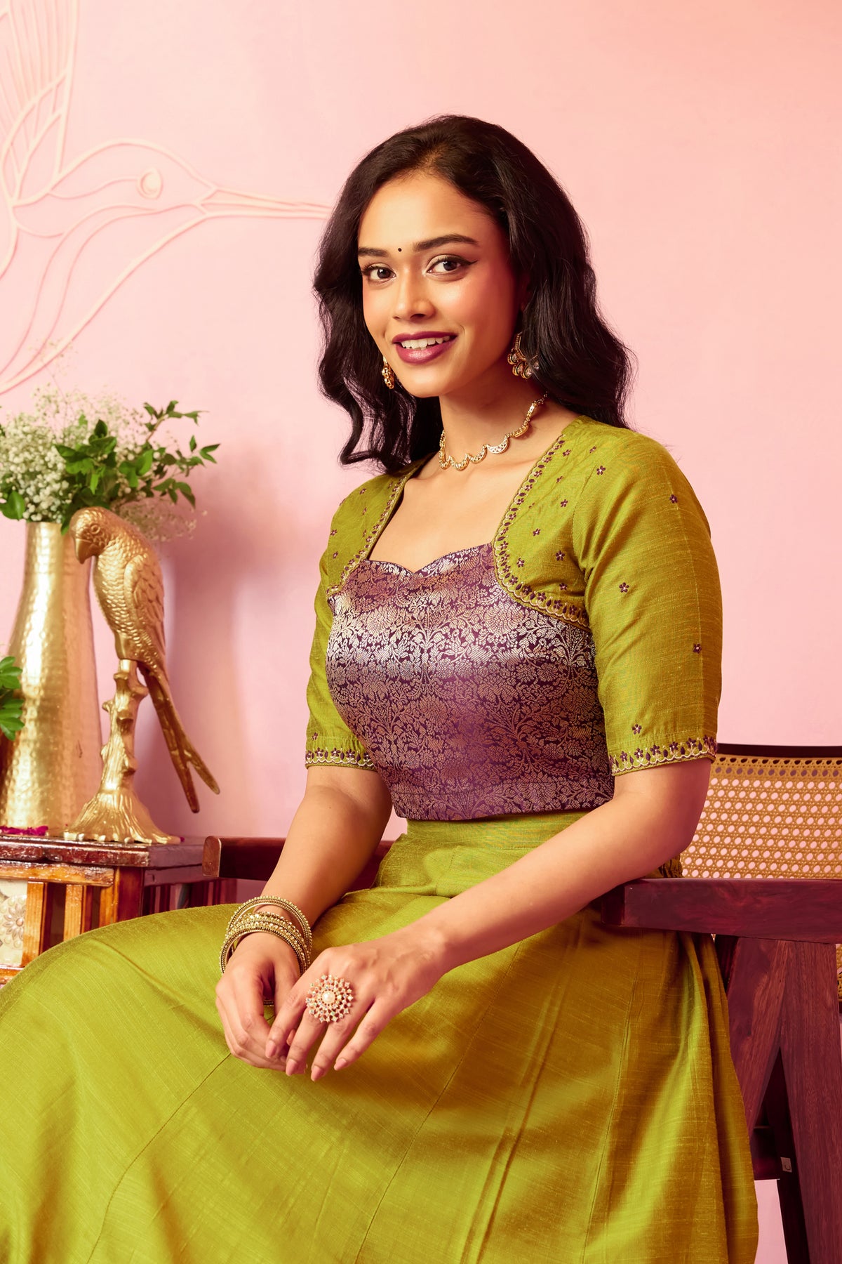 Green and Purple Floral Top With Green Solid Panelled Skirt Set
