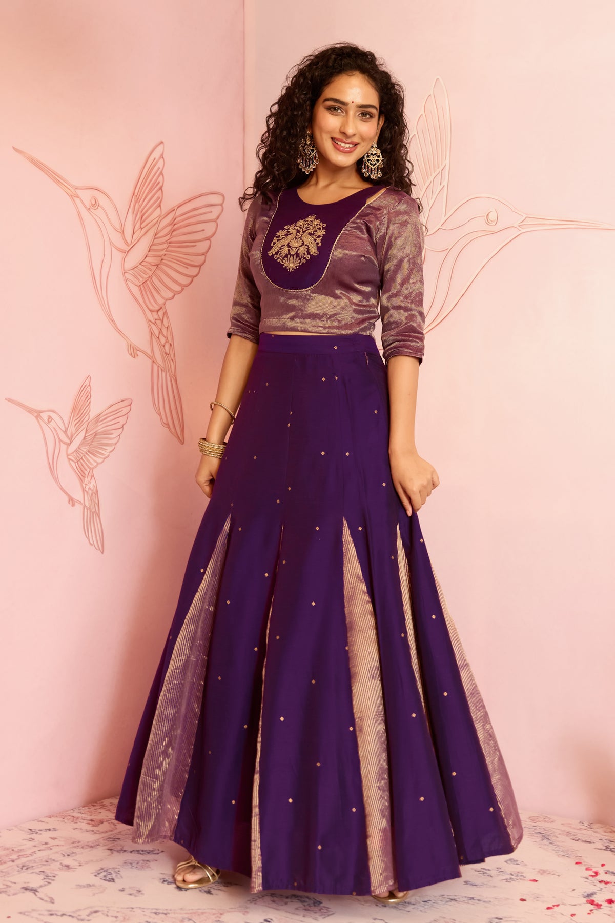 Purple Peacock Embroidered Crop Top With Panelled Tissue Godets Skirt