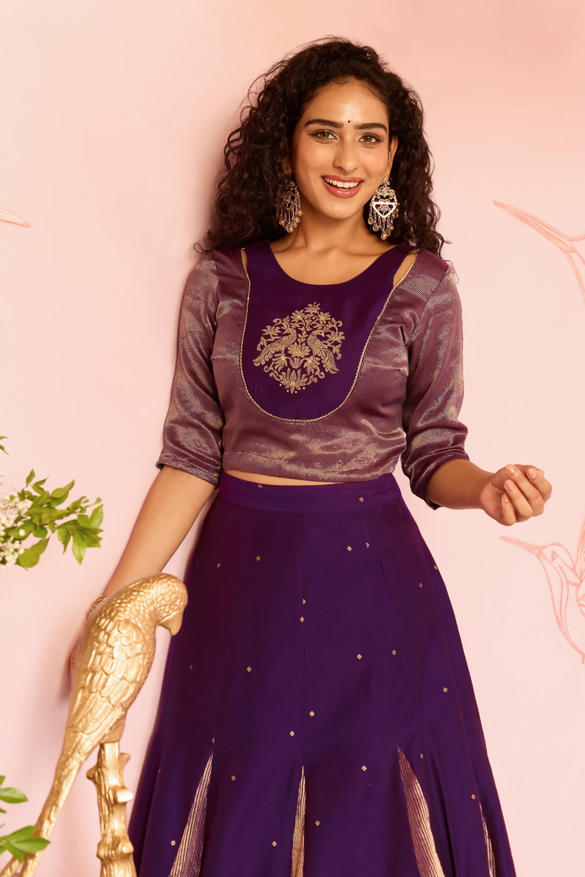 Purple Peacock Embroidered Crop Top With Panelled Tissue Godets Skirt