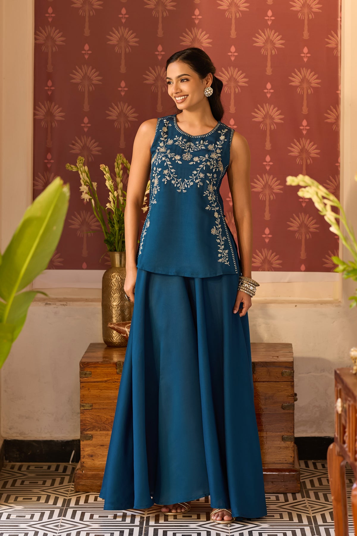 Blue Bird & Floral Embroidered Top With Blue Solid Divided Skirt Set