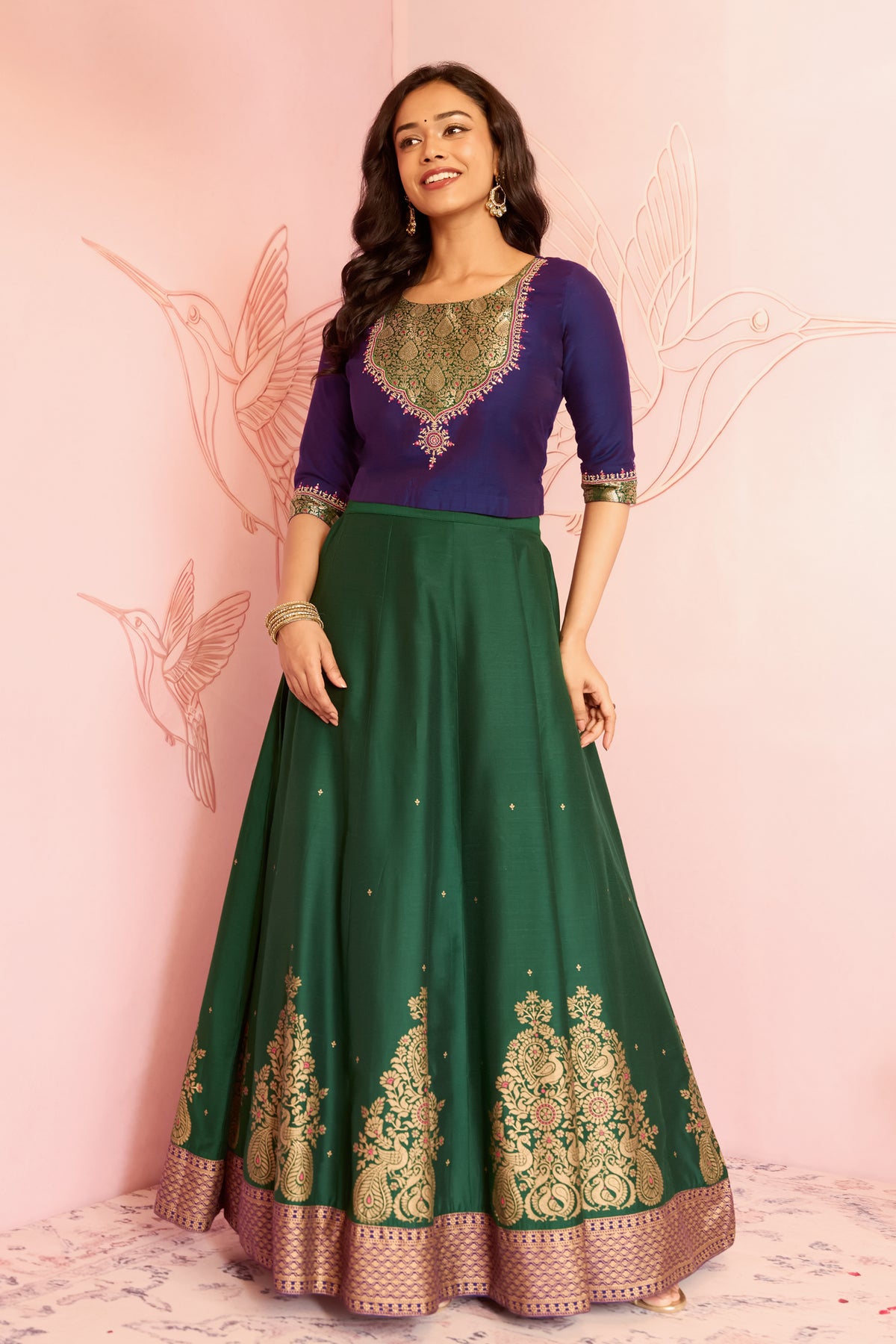 Purple Floral Crop Top With Green Bird Printed Skirt Set