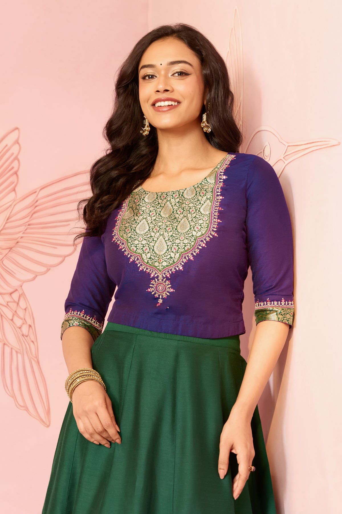 Purple Floral Crop Top With Green Bird Printed Skirt Set