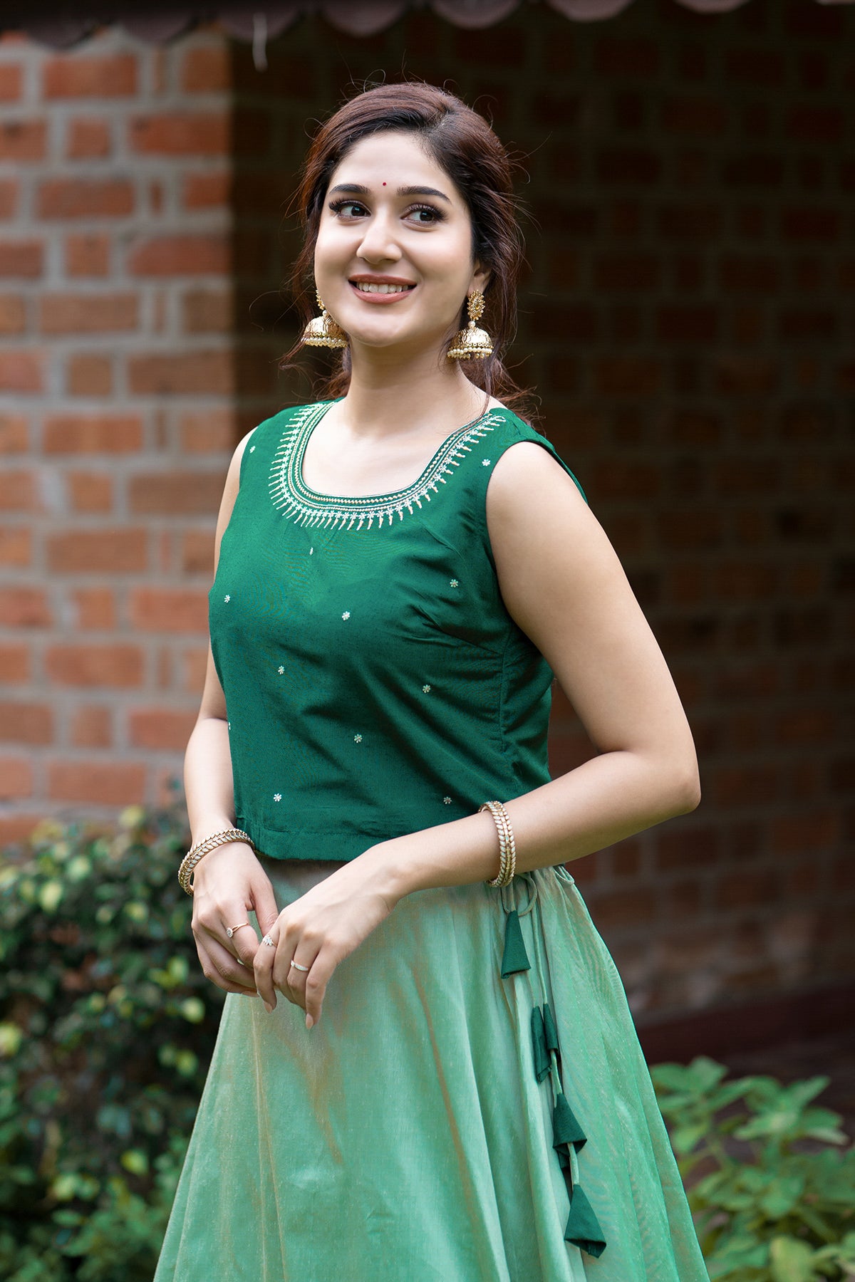 Floral Embroidered Skirt set with Tassels - Green