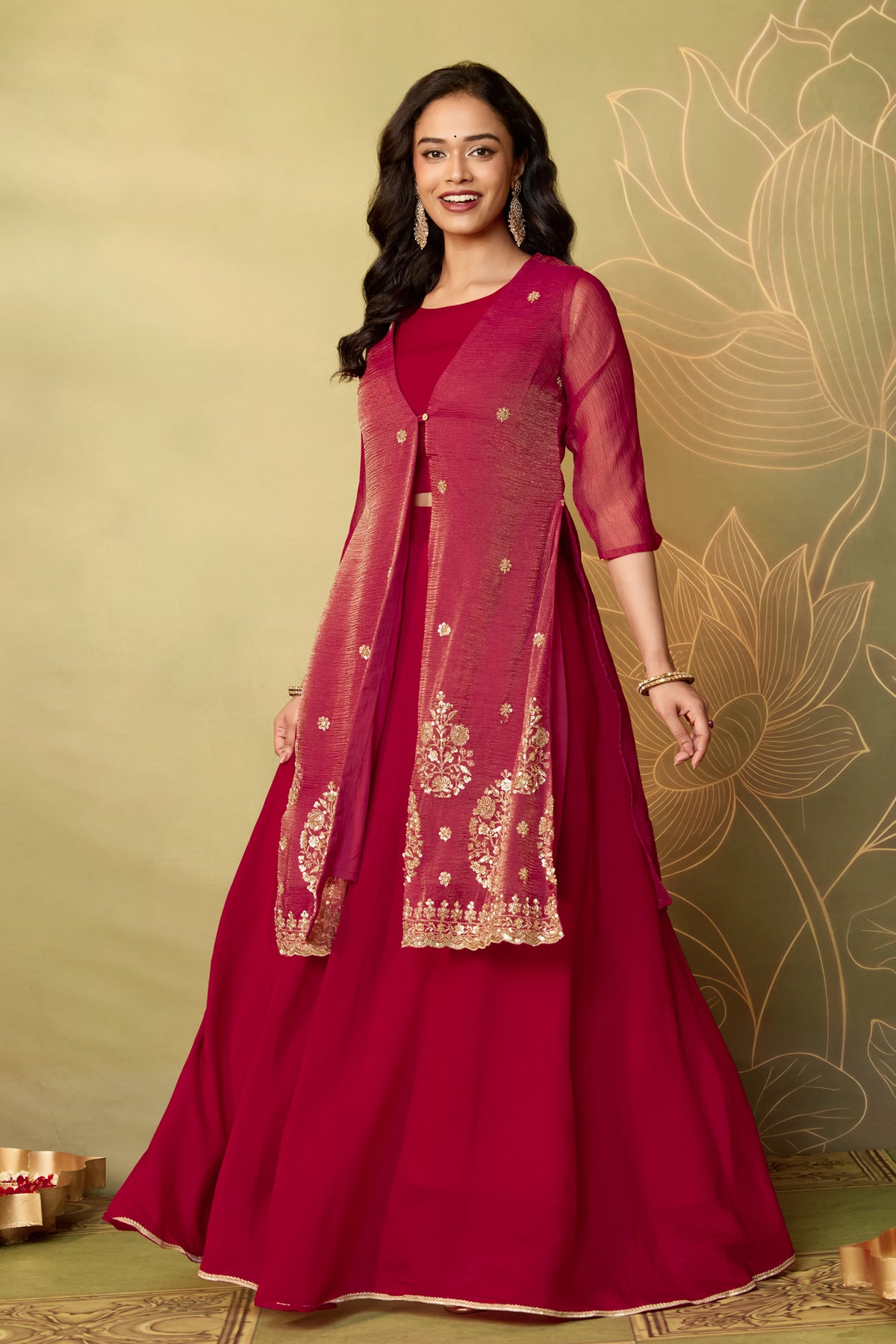 Red Floral Sequin Tissue Overcoat Skirt Set