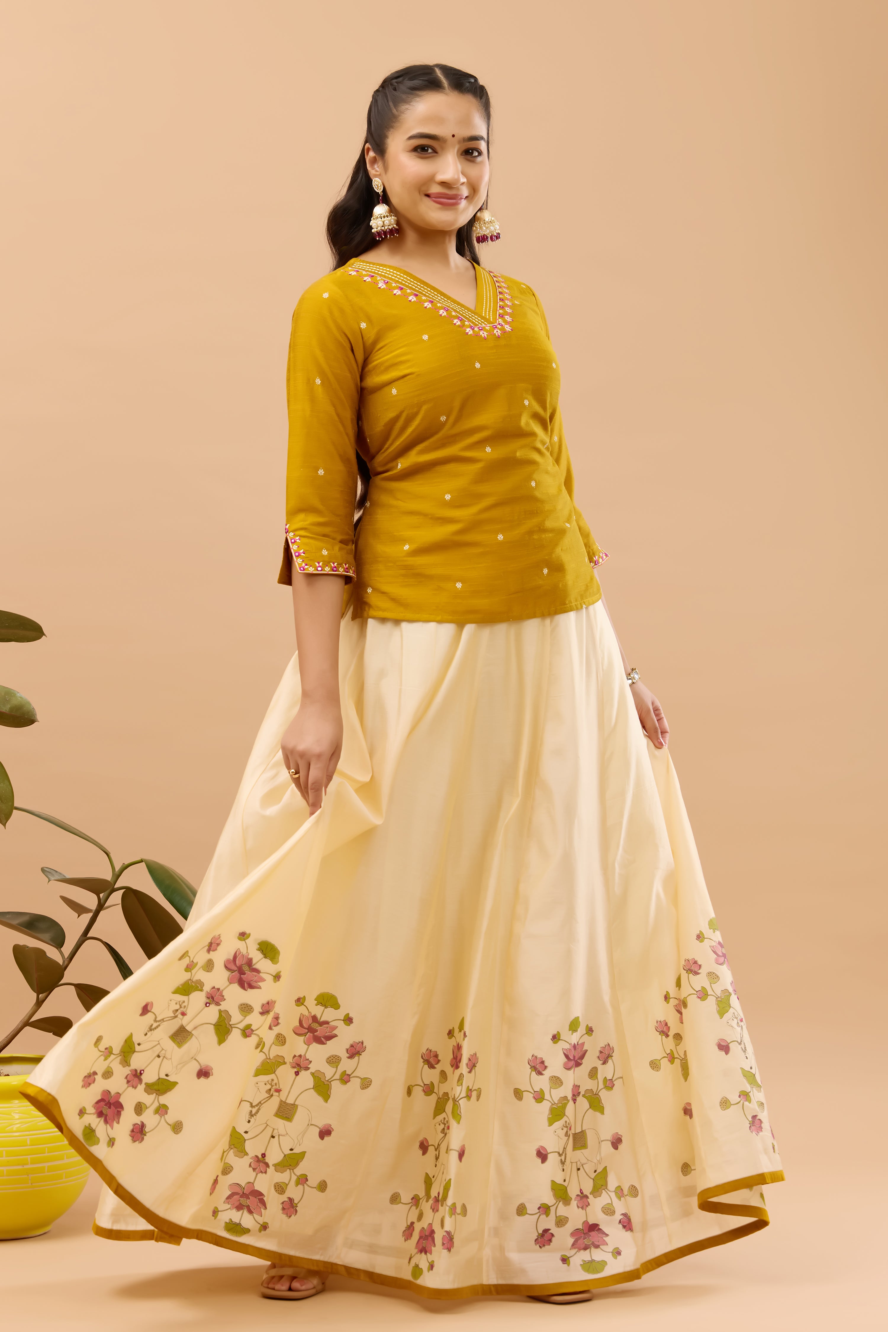 Pichwai Printed & Embroidered Mustard & Off-white Skirtset