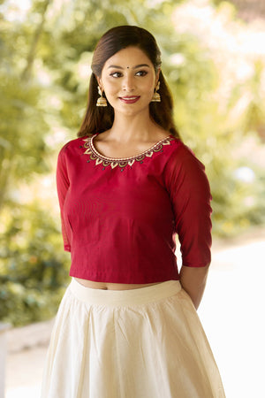 Kathakali Printed & Embroidered Skirtset - Red & Off-White