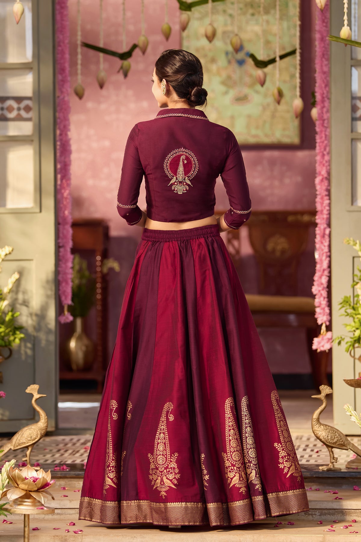 Burgundy Bird Embroidered Crop Shirt With Bird Printed Skirt Set