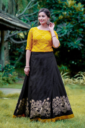Mural Foil Printed Skirtset with Sequence Top - Mustard & Black