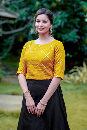 Mural Foil Printed Skirtset with Sequence Top - Mustard & Black