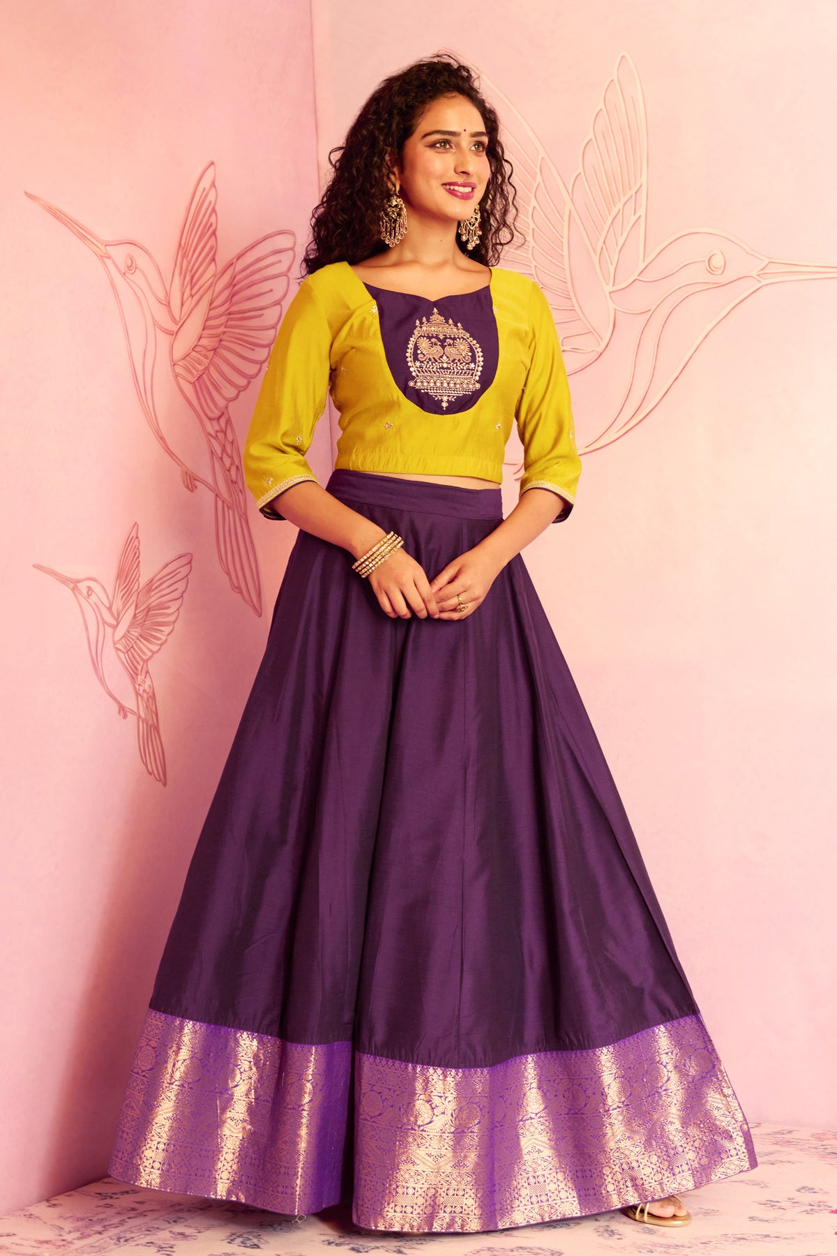 Mustard Bird Embroidered Crop Top With Purple Floral Skirt Set