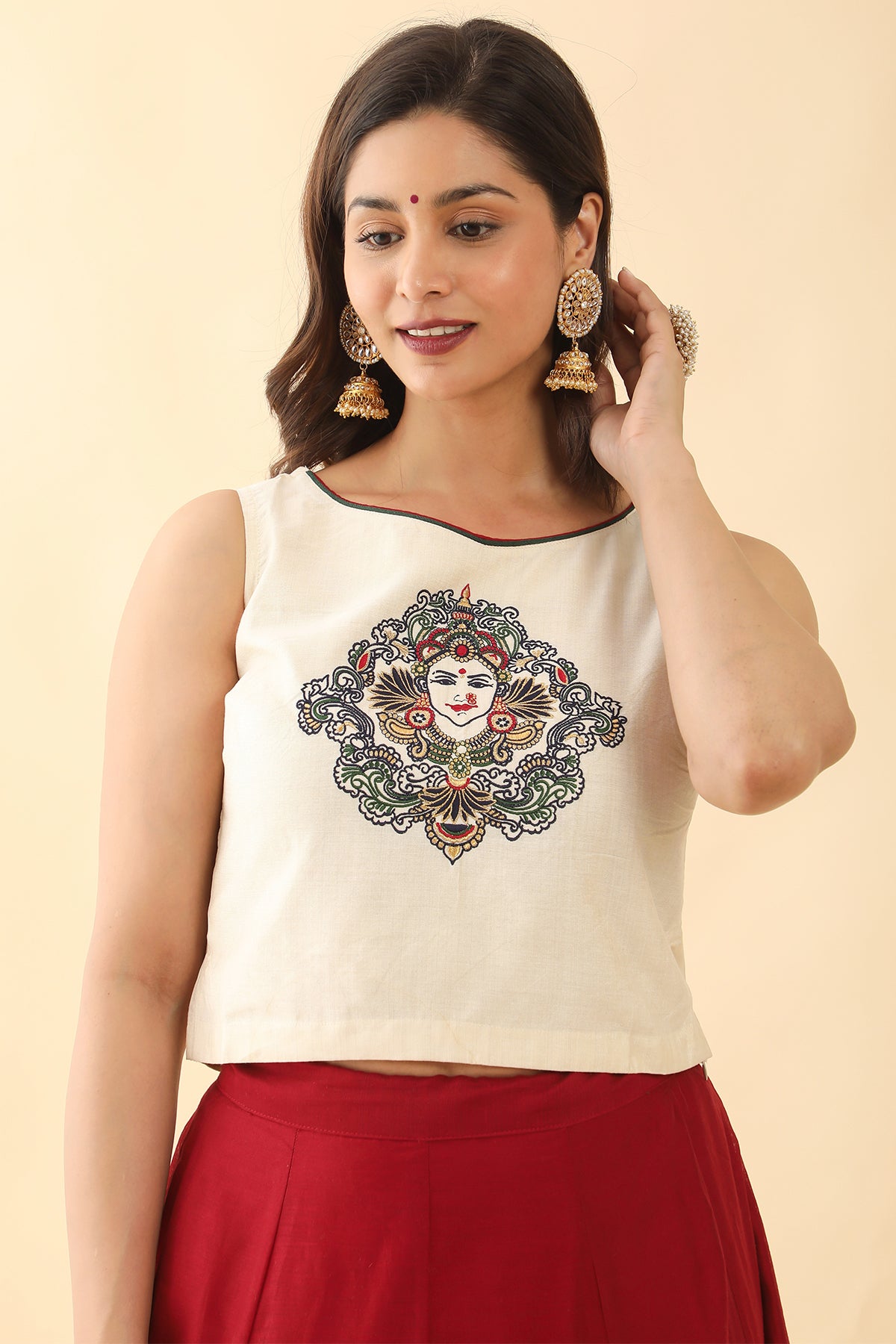 Mural Placement Embroidered Crop Top Solid Skirt Set White Red