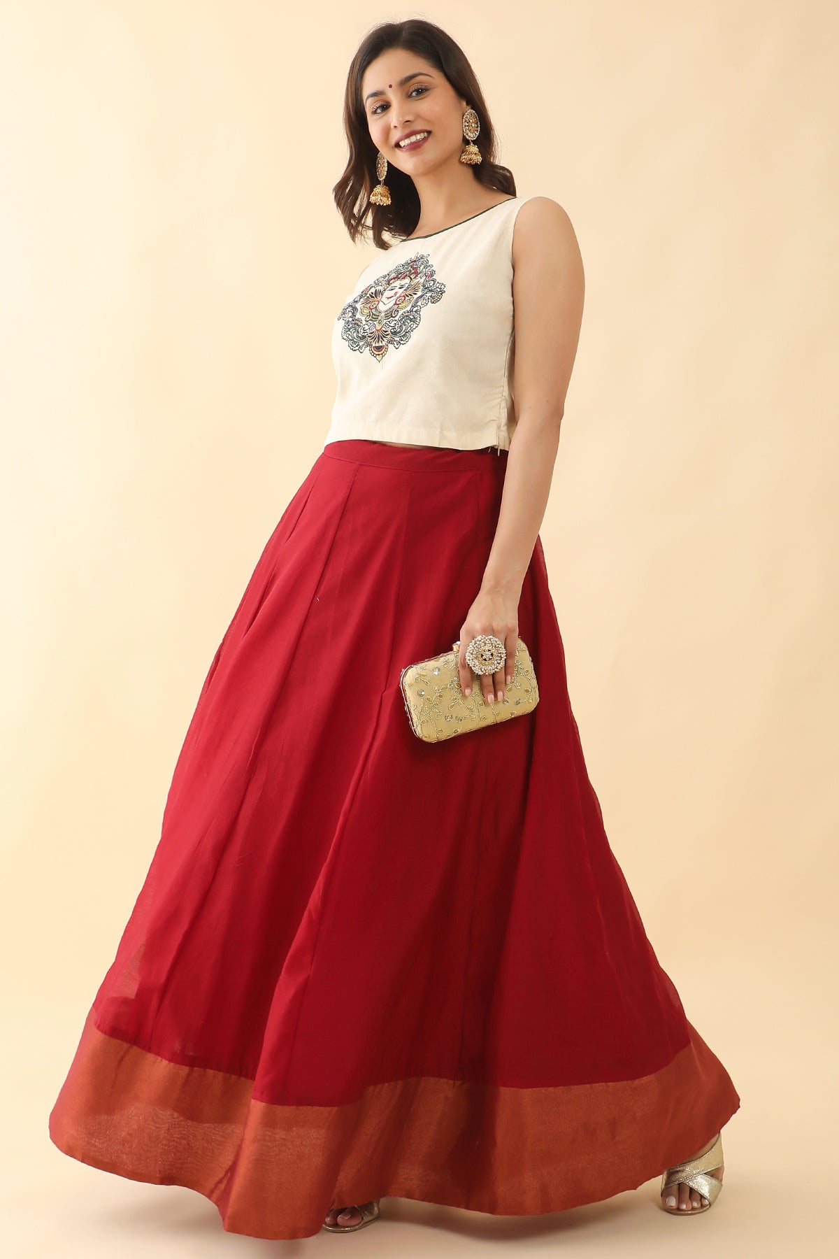 Mural Placement Embroidered Crop Top Solid Skirt Set White Red