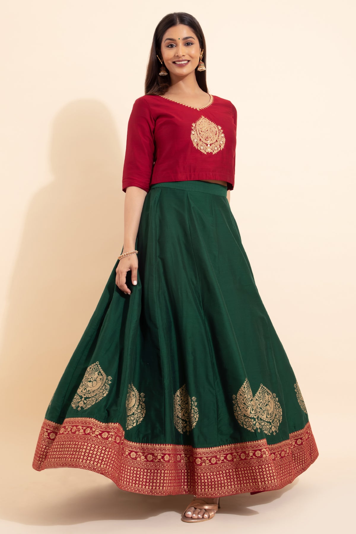 Peacock Embroidered Skirt set - Red & Green
