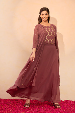 Sequence Embellished Skirtset with Overcoat - Light Brown