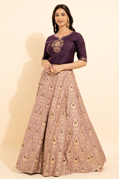 Geometric Embroidery Neckline With Floral Printed Skirt Set Purple