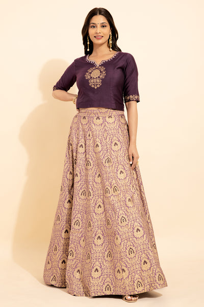 Geometric Embroidery Neckline With Floral Printed Skirt Set Purple