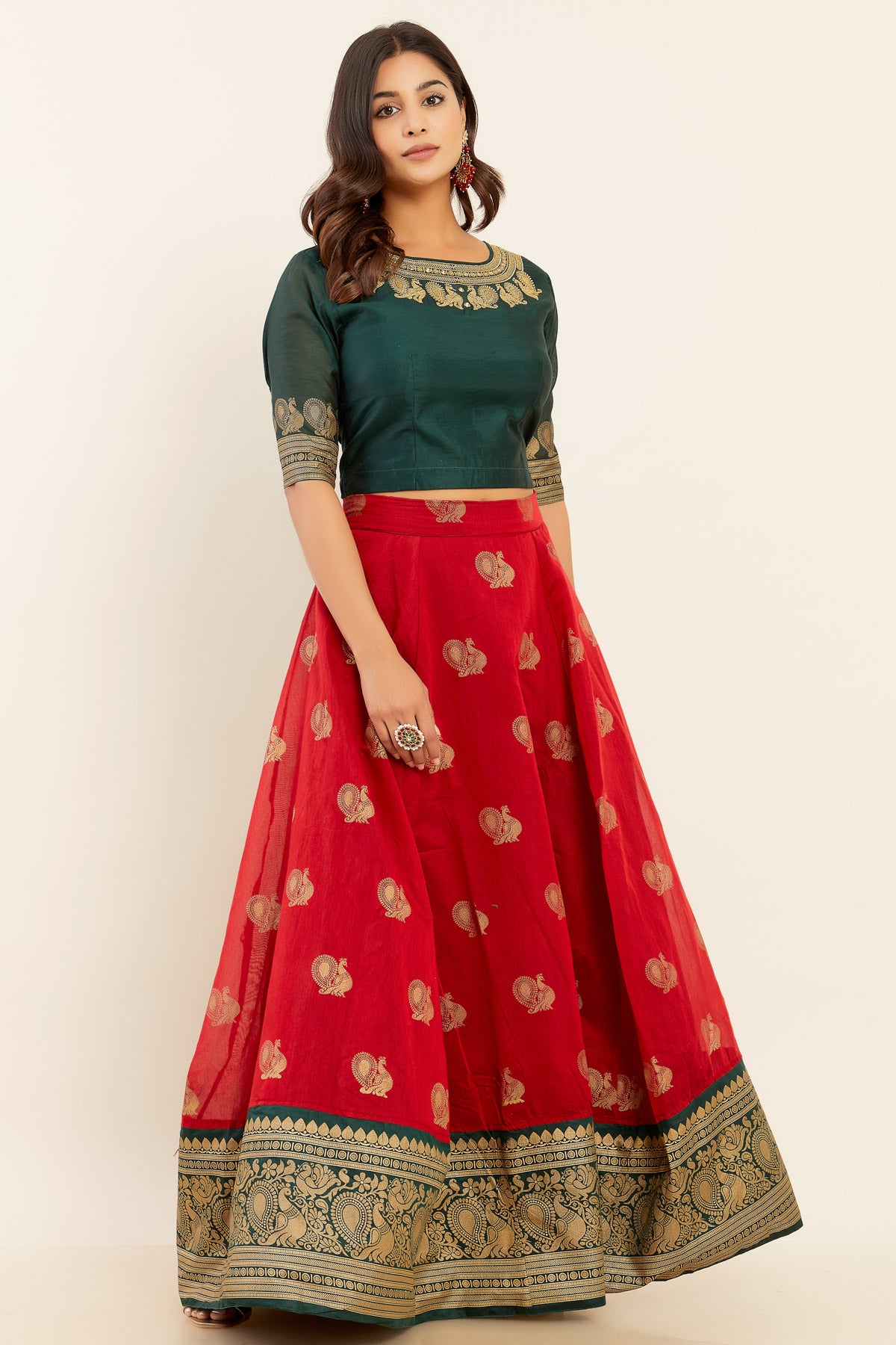 Annam Motif Gadi Embroidered Crop Top & Circular Printed Skirt Set - Green & Red