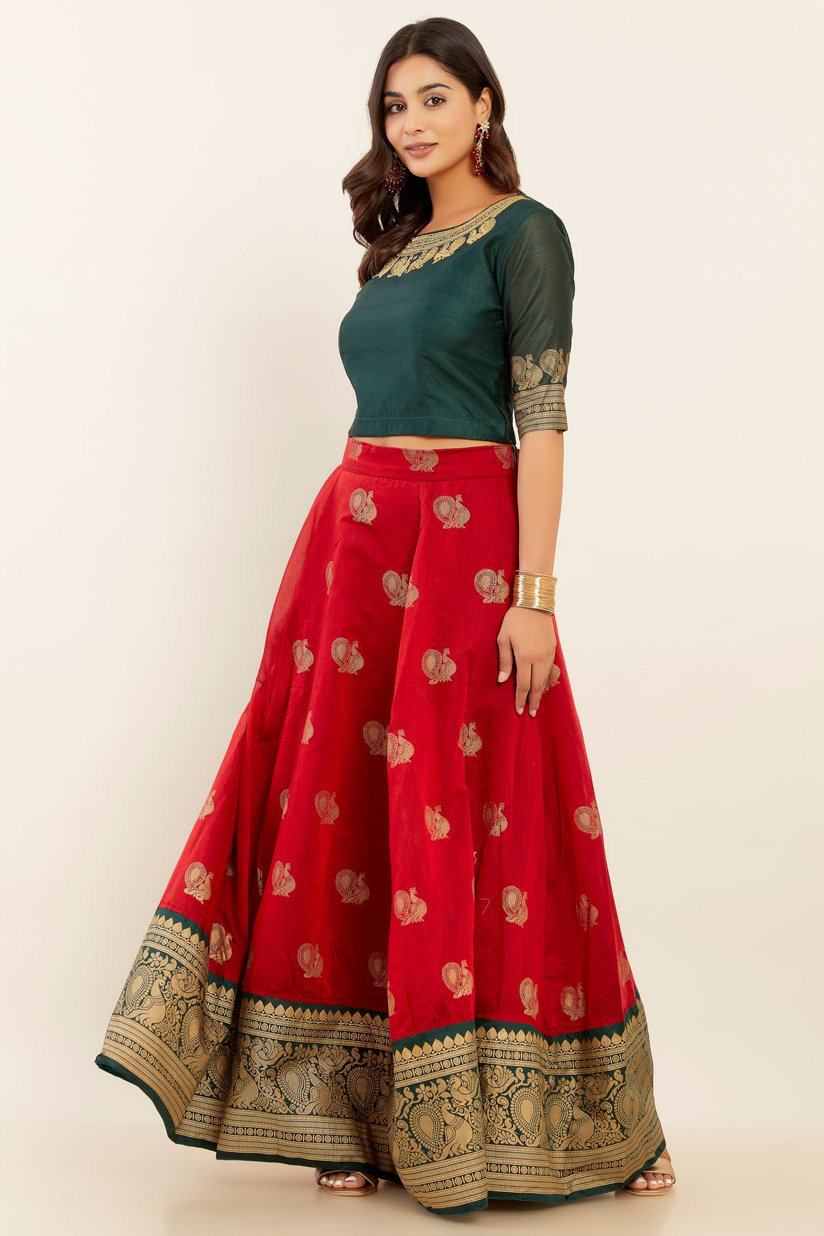 Annam Motif Gadi Embroidered Crop Top & Circular Printed Skirt Set - Green & Red
