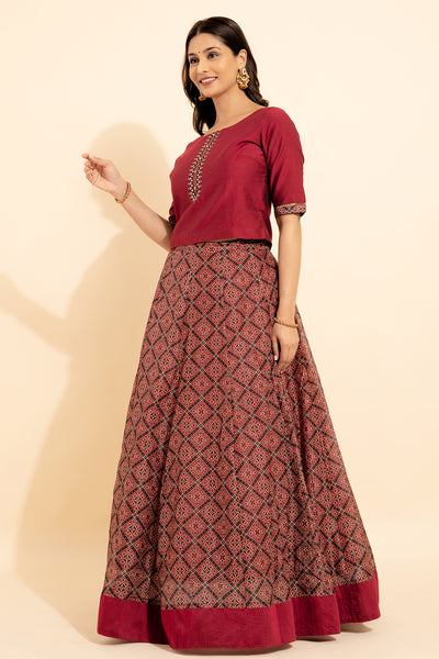 Geometric Embroidered With Foil Mirror Embellished Top Ajrak Printed Skirt Set Maroon