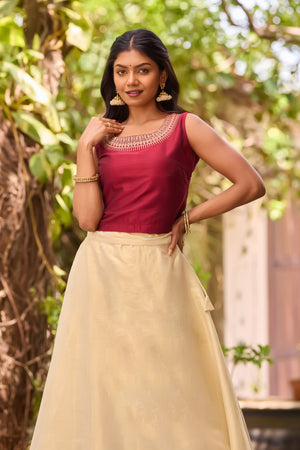 Maroon Embroidered Crop Top & Golden Kasavu Tissue Skirt Set