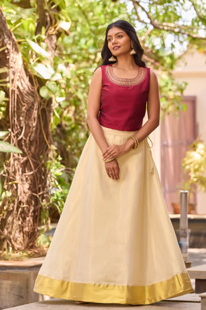 Maroon Embroidered Crop Top & Golden Kasavu Tissue Skirt Set