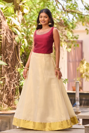 Maroon Embroidered Crop Top & Golden Kasavu Tissue Skirt Set