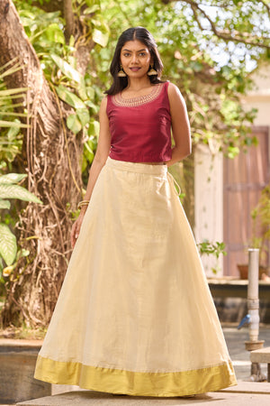Maroon Embroidered Crop Top & Golden Kasavu Tissue Skirt Set