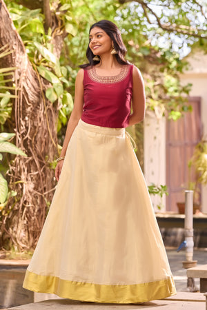 Maroon Embroidered Crop Top & Golden Kasavu Tissue Skirt Set